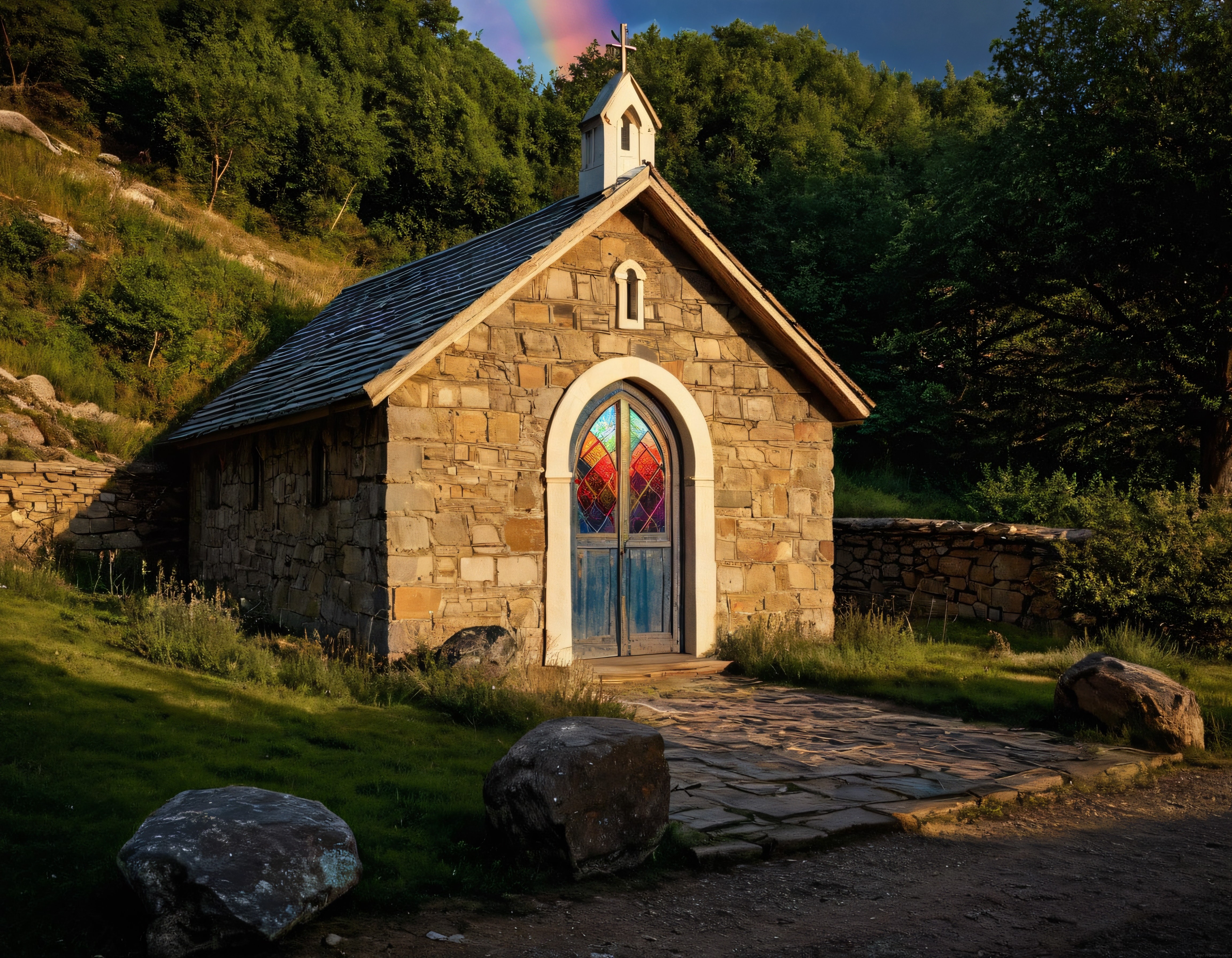 Ormanın Kalbindeki Gizli Taş Kilise ve Gökyüzündeki Renkli Gökkuşağı