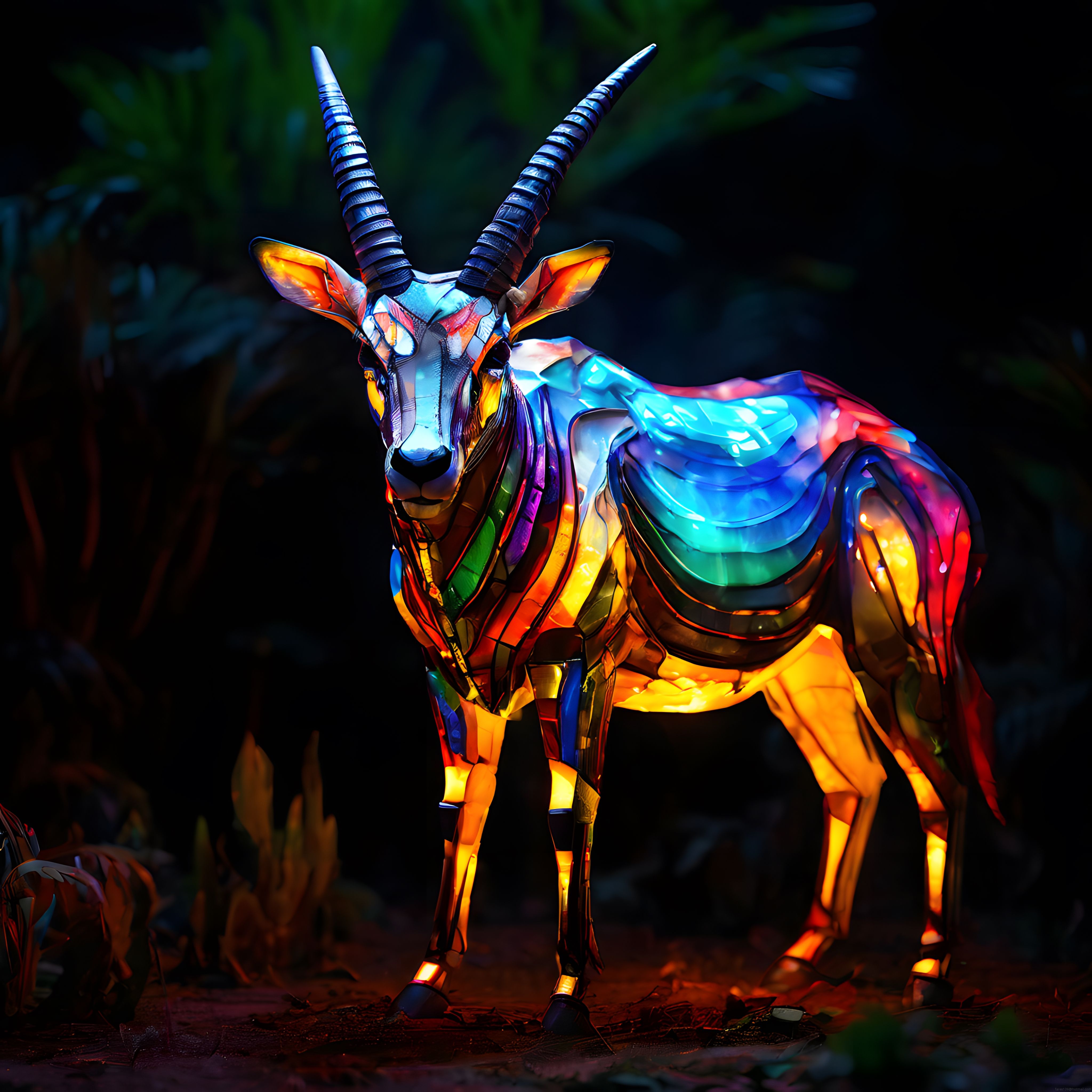 Ormanın Koyu Zemininde Neon Renklerle Aydınlanan Metalik Antilop Sanat Eseri