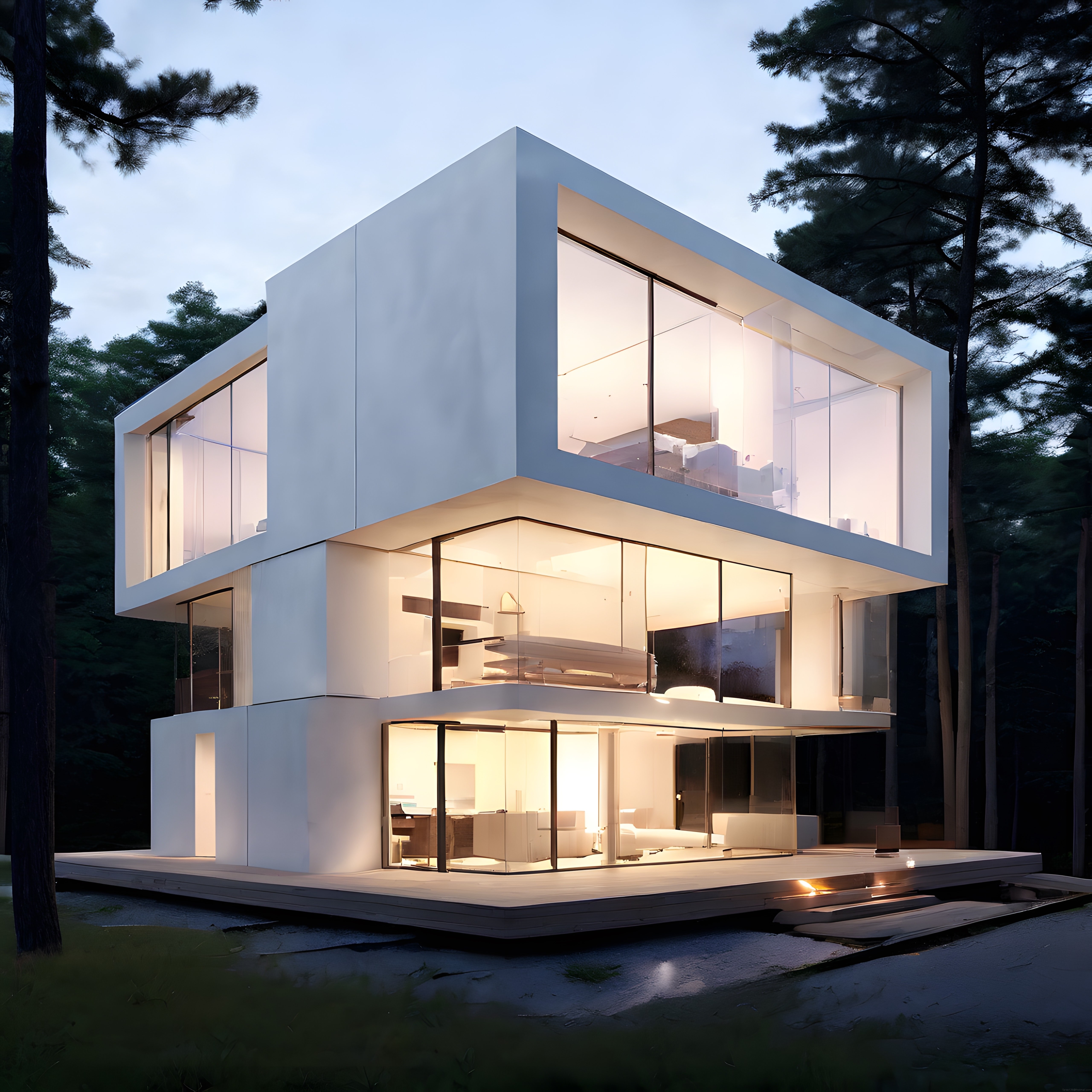 Ormanın Ortasında Işıldayan Modern Minimalist Kübik Villa Mimarisi