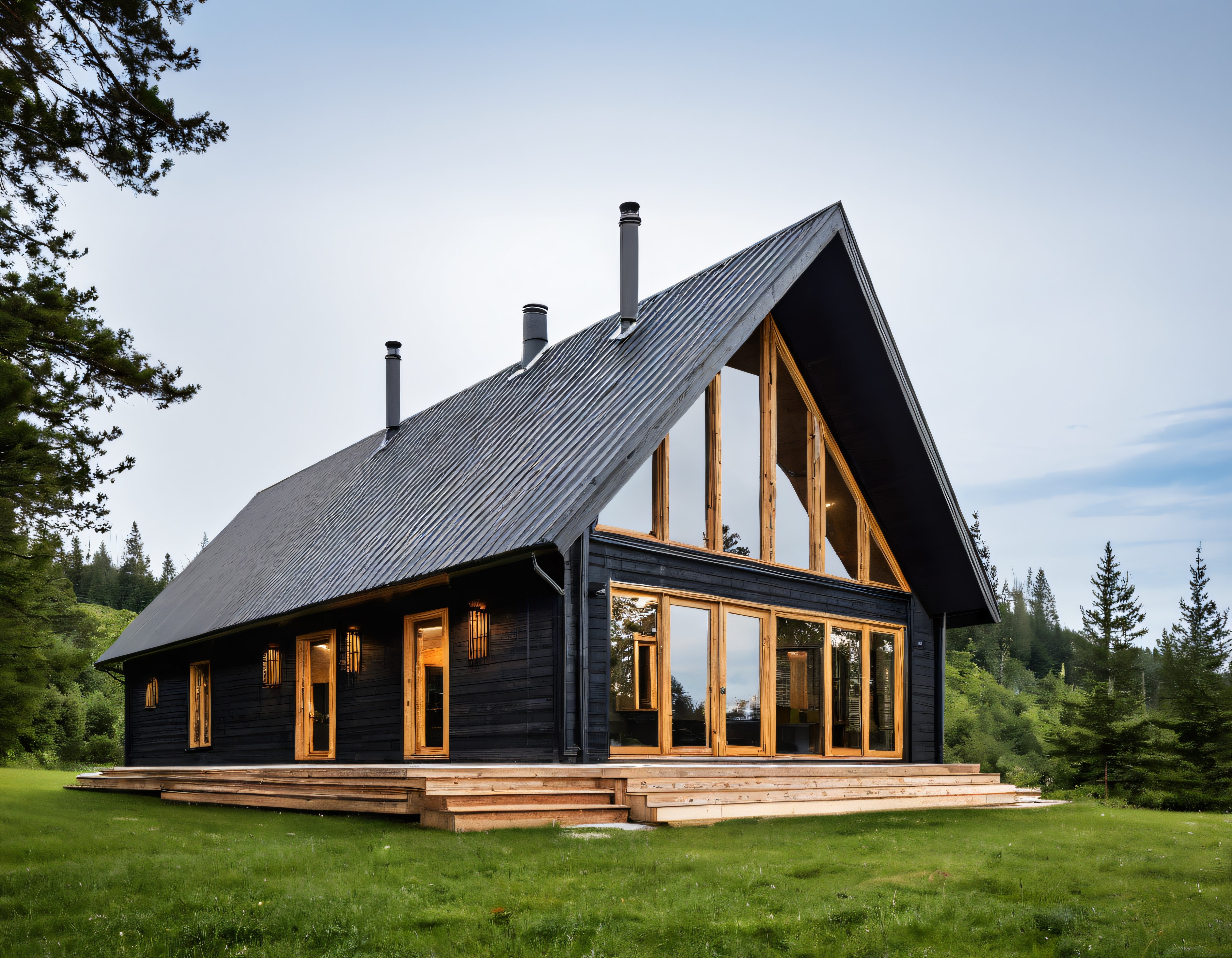 Ormanın Ortasında Modern A-Frame Çatılı Siyah Ahşap Ev Tasarımı