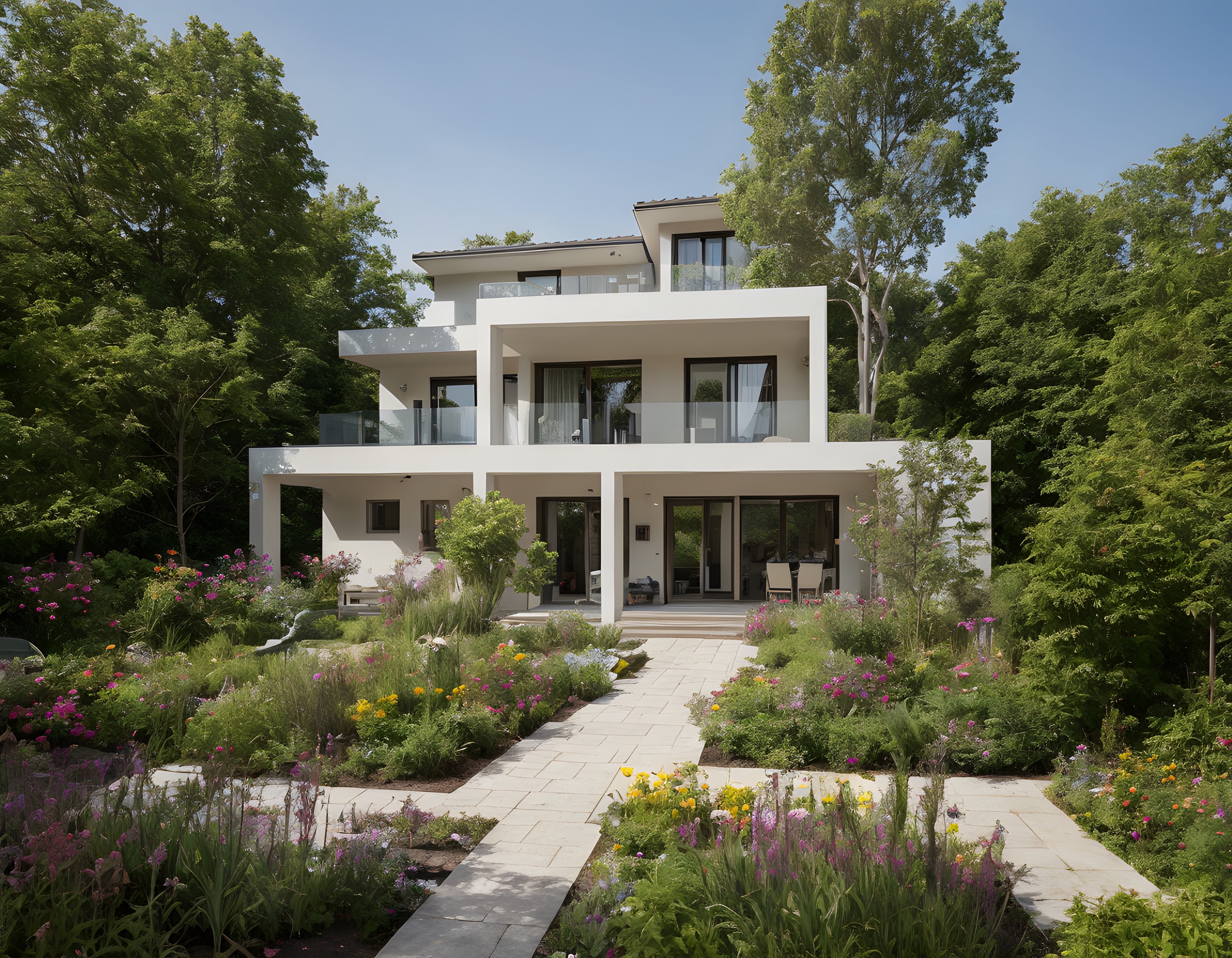 Ormanın Ortasında Yer Alan Modern Beyaz Villa ve Renkli Çiçek Bahçesi