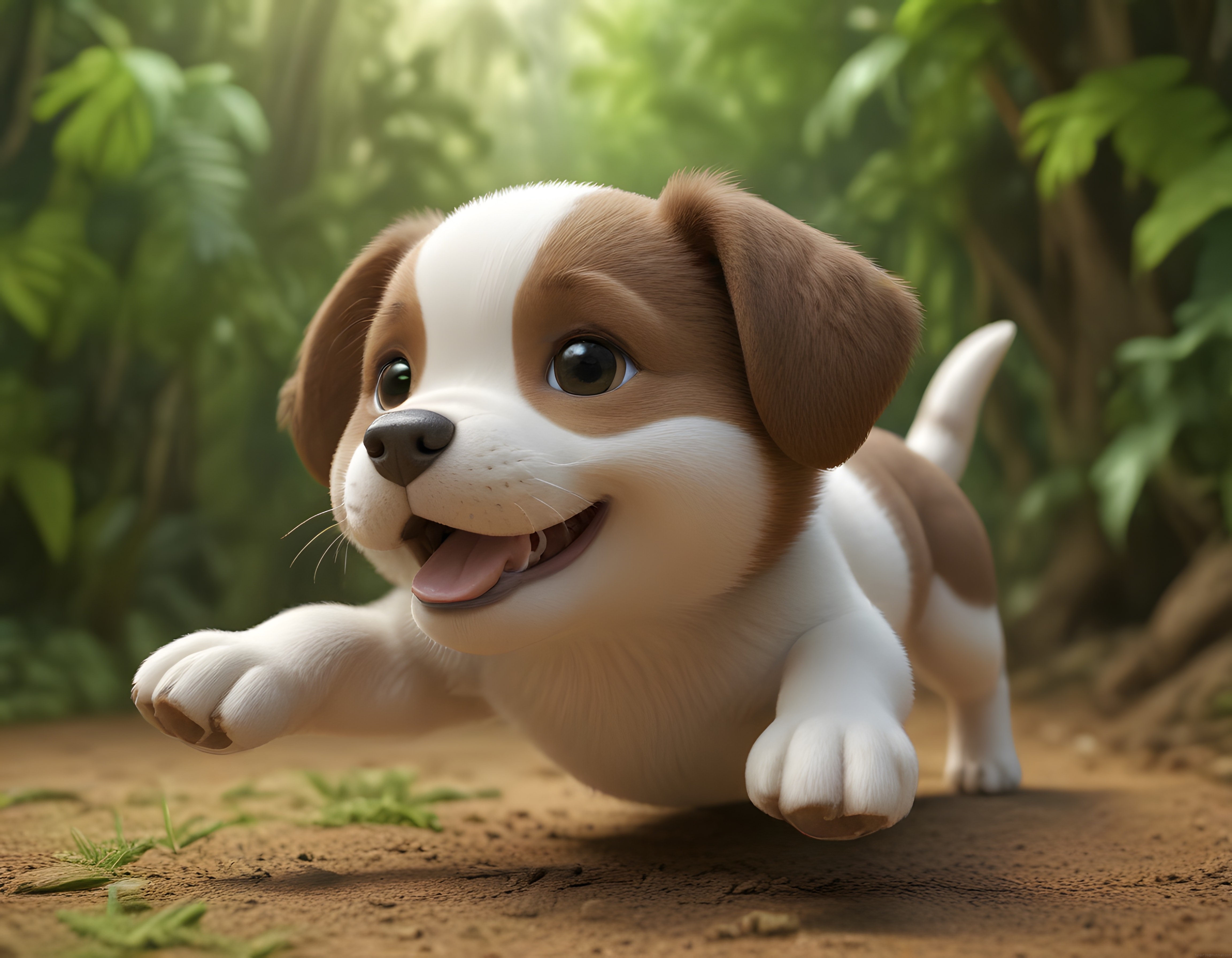 Ormanın sevimli minik kaşifi: Koşan mutlu 3d köpek yavrusu karakteri