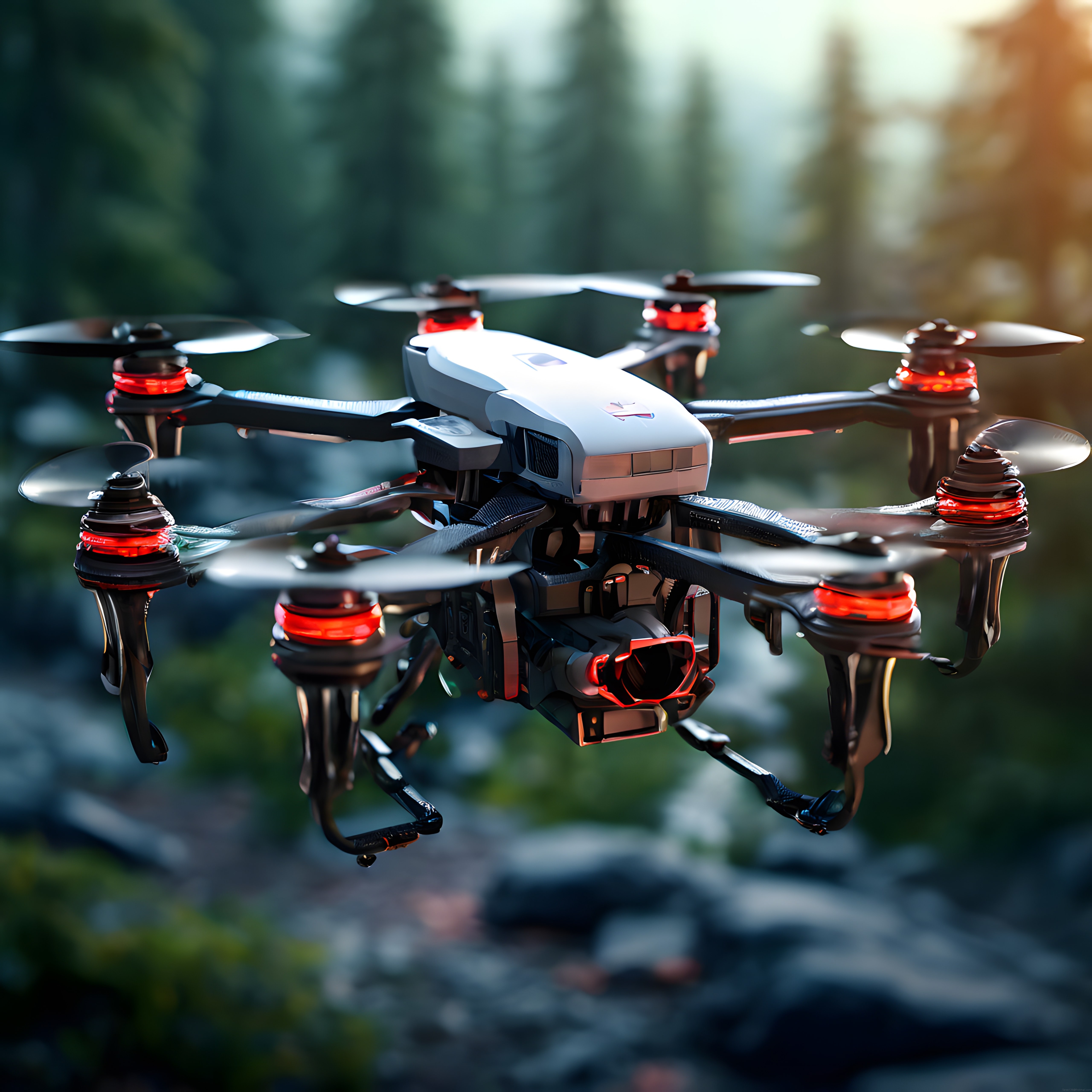 Ormanın Üzerinde Gün Batımı Işığında Uçan Sekiz Pervaneli Profesyonel Drone