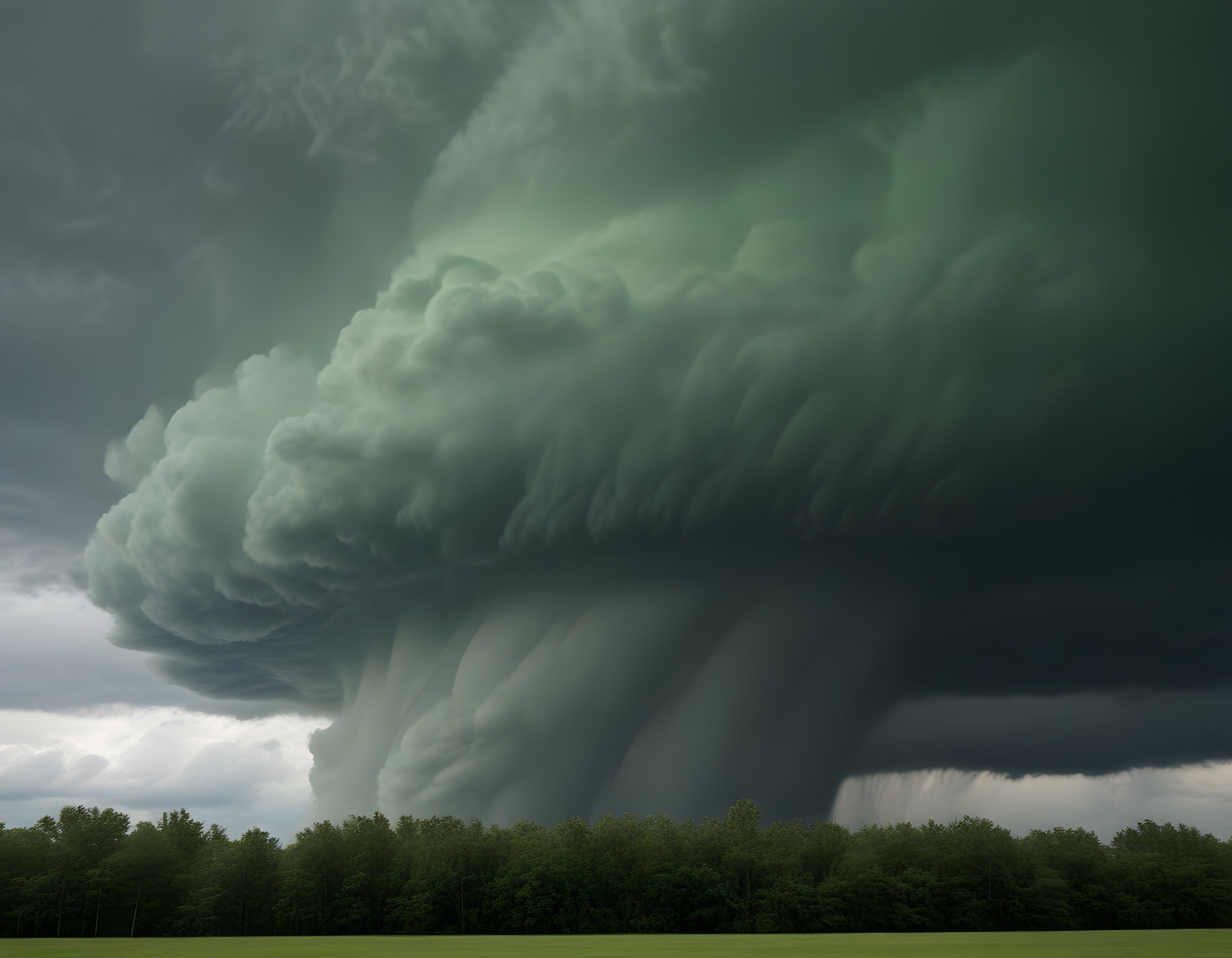Ormanın üzerinde yükselen devasa tornado ve yeşilimsi fırtına bulutu