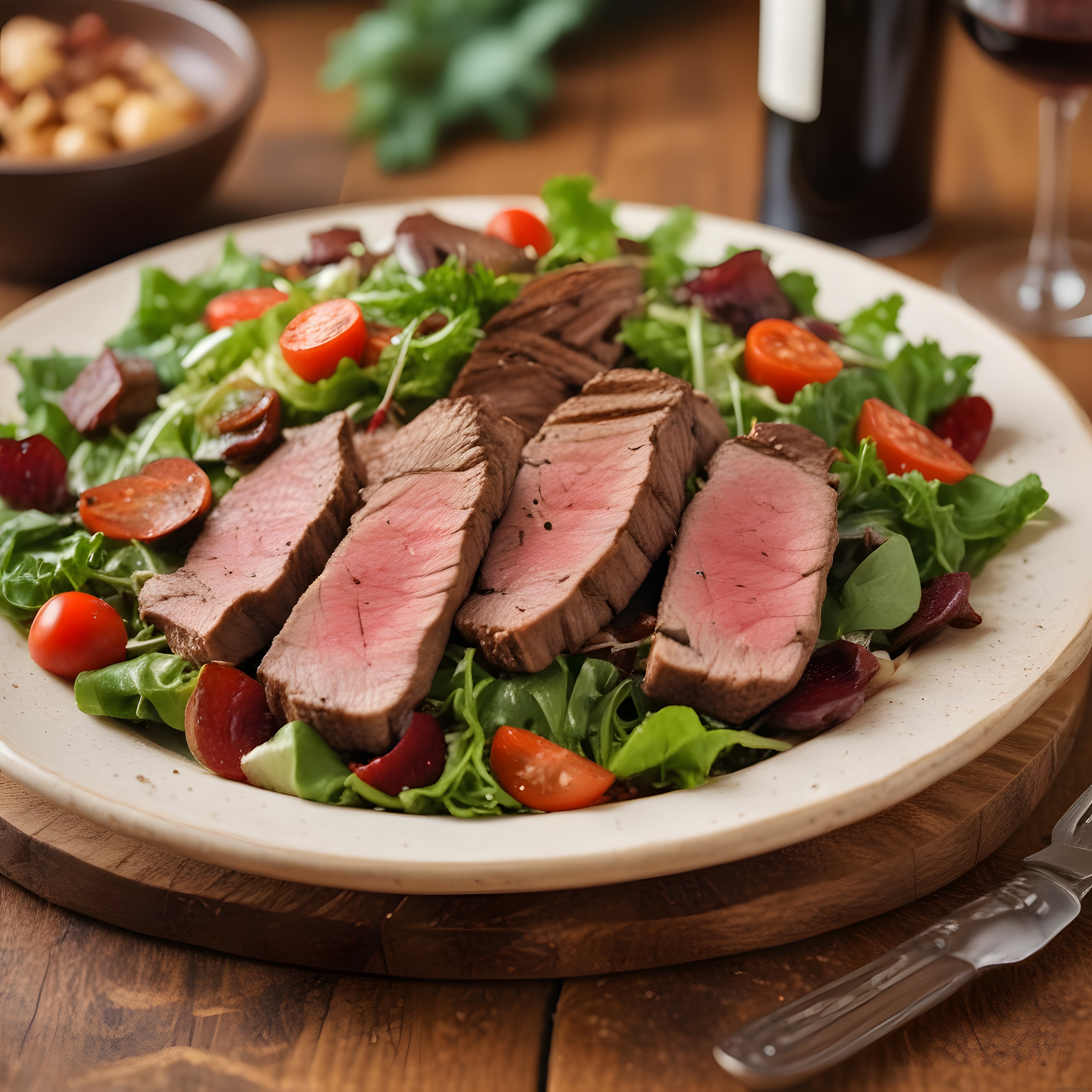 Orta pişmiş biftek dilimleriyle taze yeşillik salata ve domates tabağı