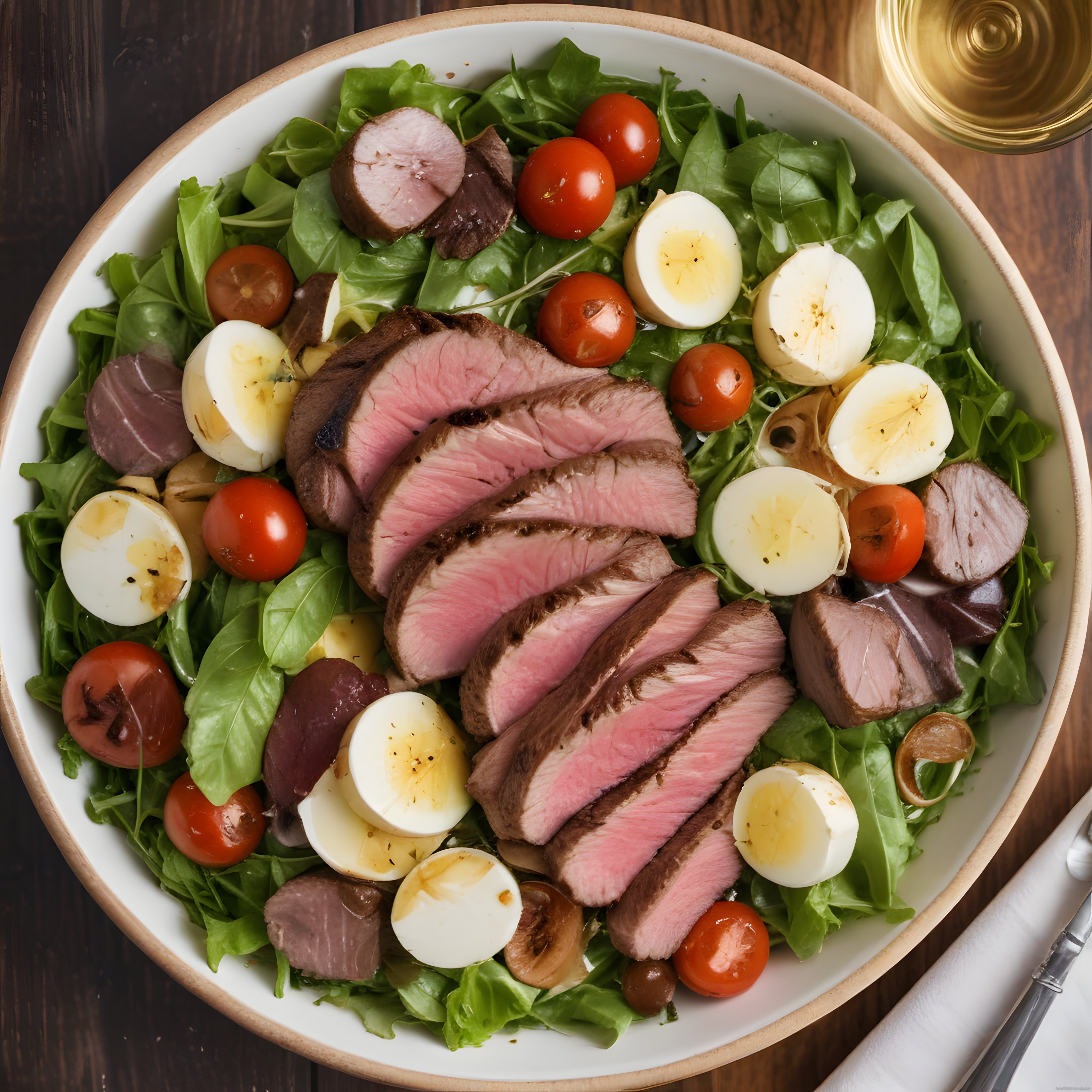 Orta Pişmiş Biftekli Haşlanmış Yumurtalı ve Cherry Domatesli Taze Salata Kasesi
