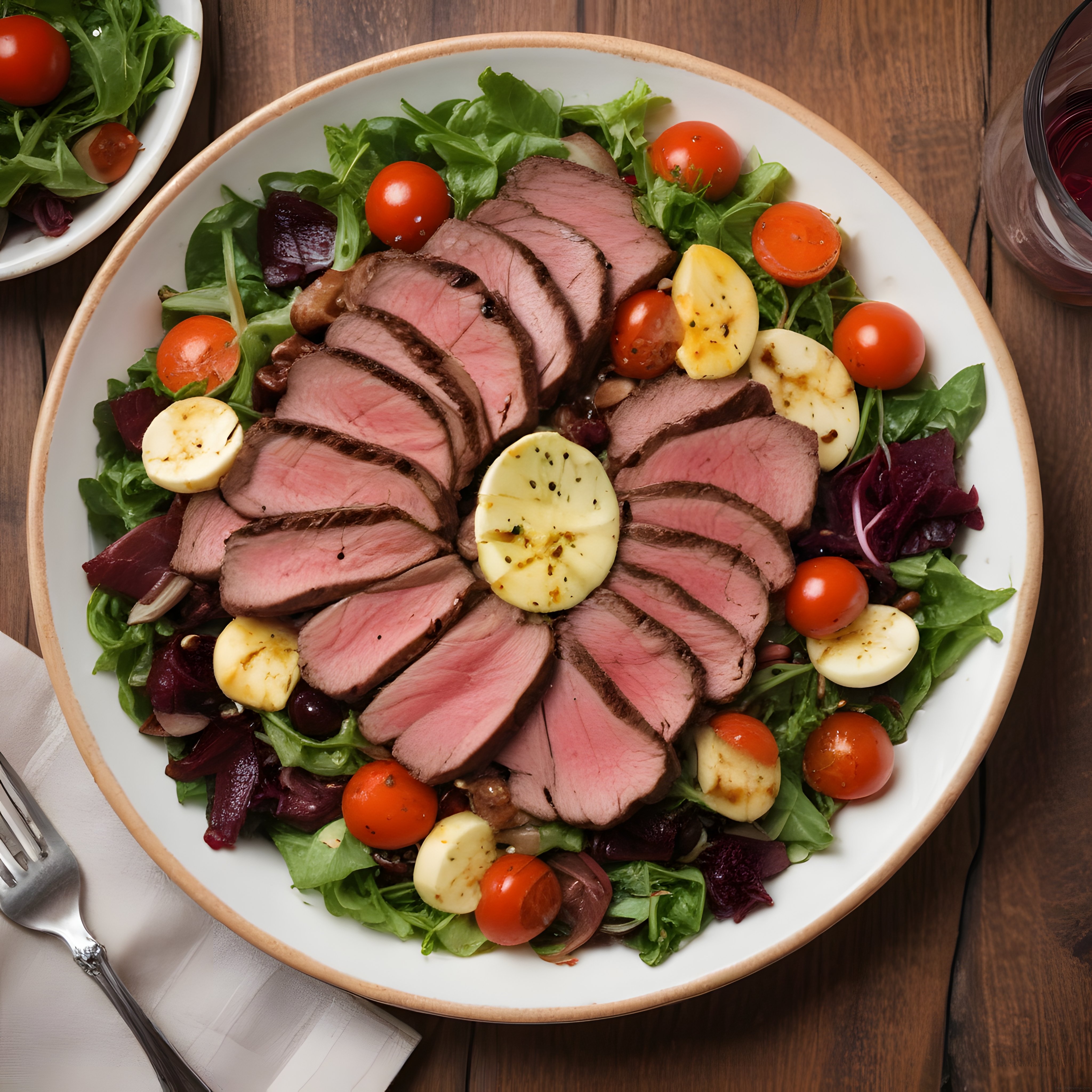 Orta Pişmiş Bonfile Dilimli ve Haşlanmış Yumurtalı Renkli Salata Kasesi