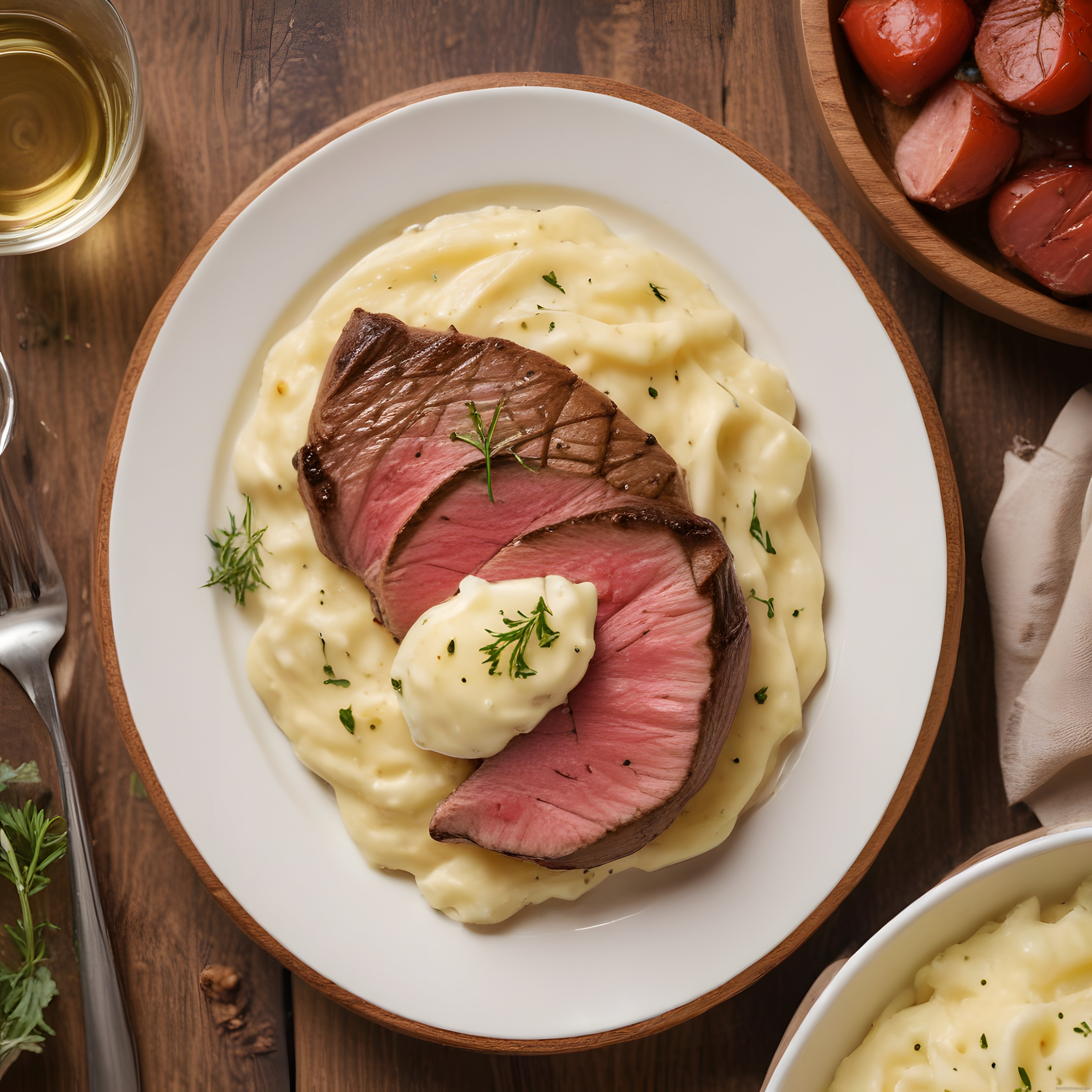 Orta Pişmiş Bonfile ve Kremalı Patates Püresi ile Restoran Lezzetli Sunum
