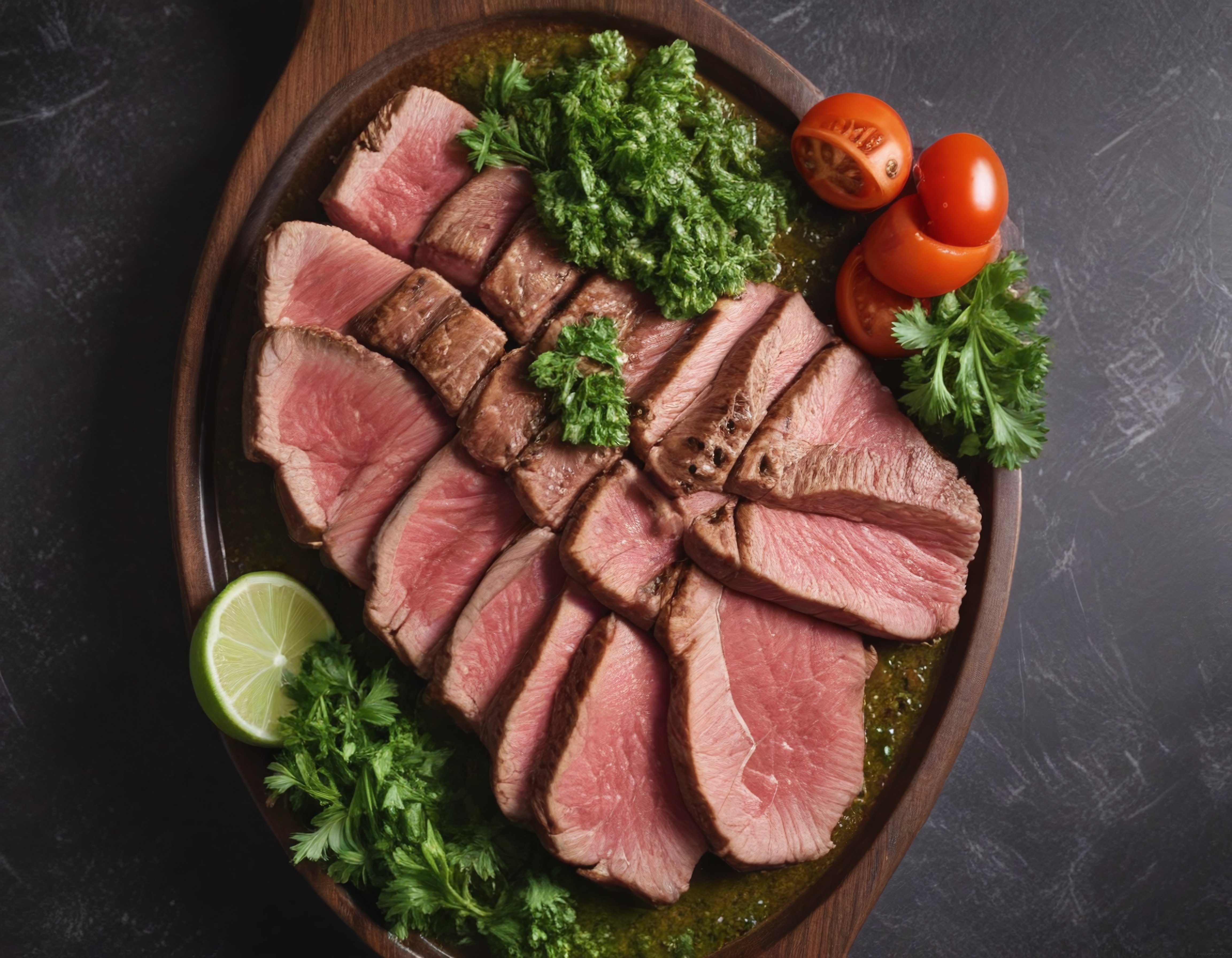 Orta Pişmiş Dana Steak Dilimleri, Chimichurri Sosu ve Taze Baharatlarla Sunum