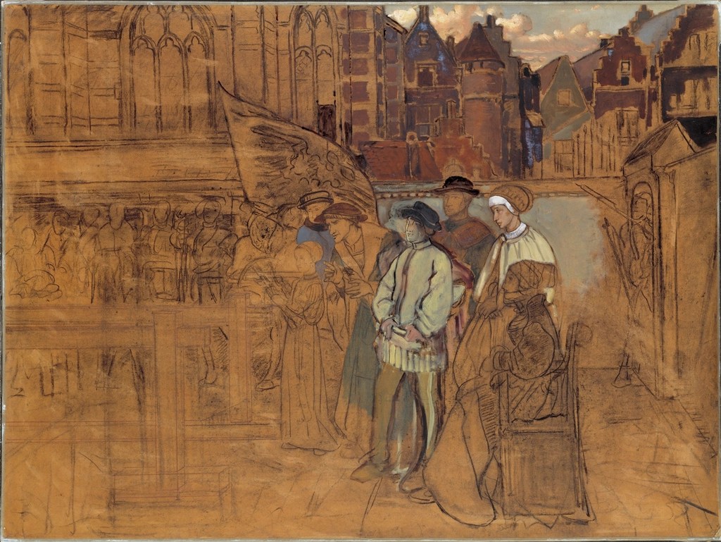 Ortaçağ kıyafetli figürler ve gotik yapıların resmedildiği sanat eseri taslak çalışması