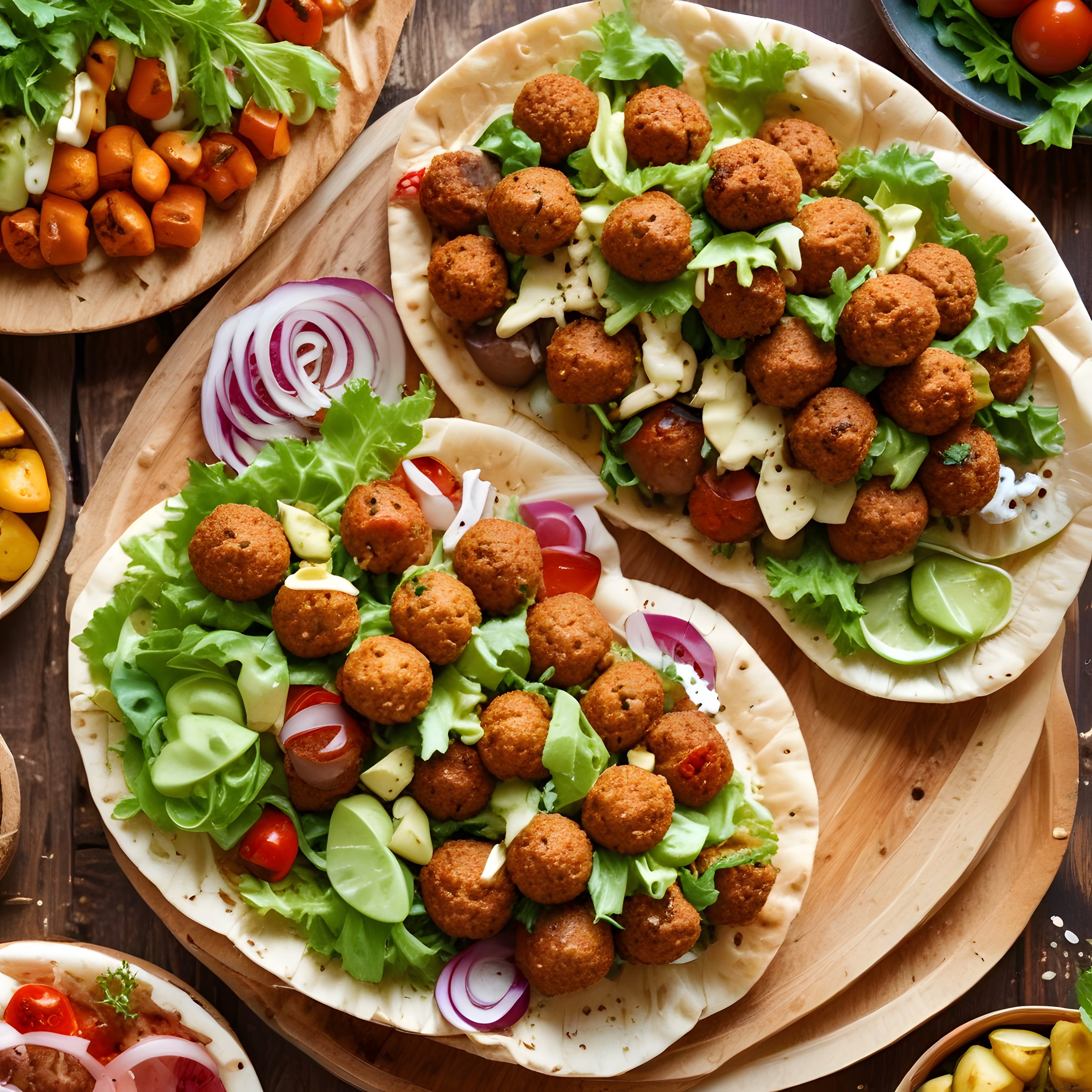 Ortadoğu Mutfağından Ev Yapımı Falafel Dürüm ve Renkli Taze Sebze Sunumu