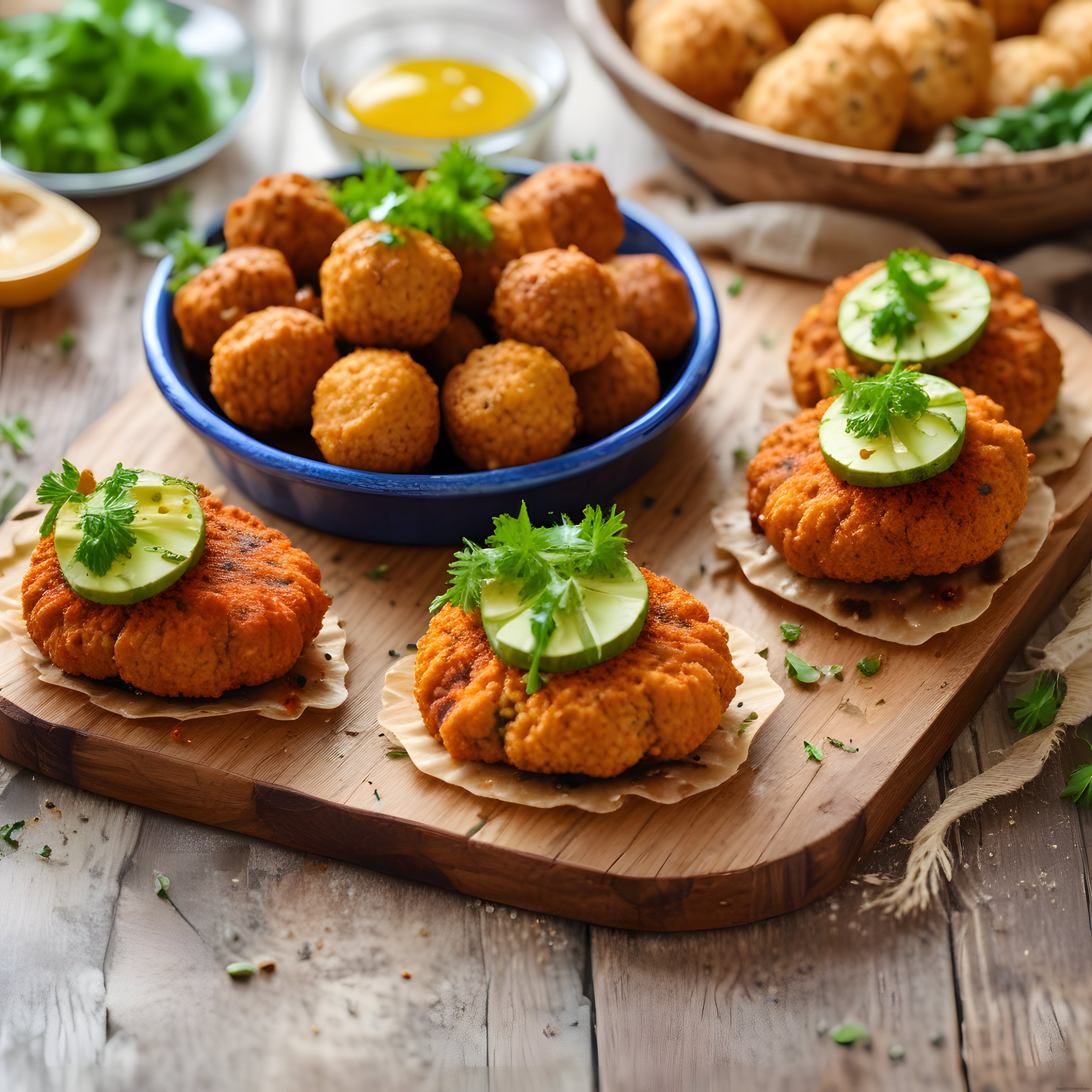 Ortadoğu mutfağından falafel ve salatalıklı köfte tabağı sunumu