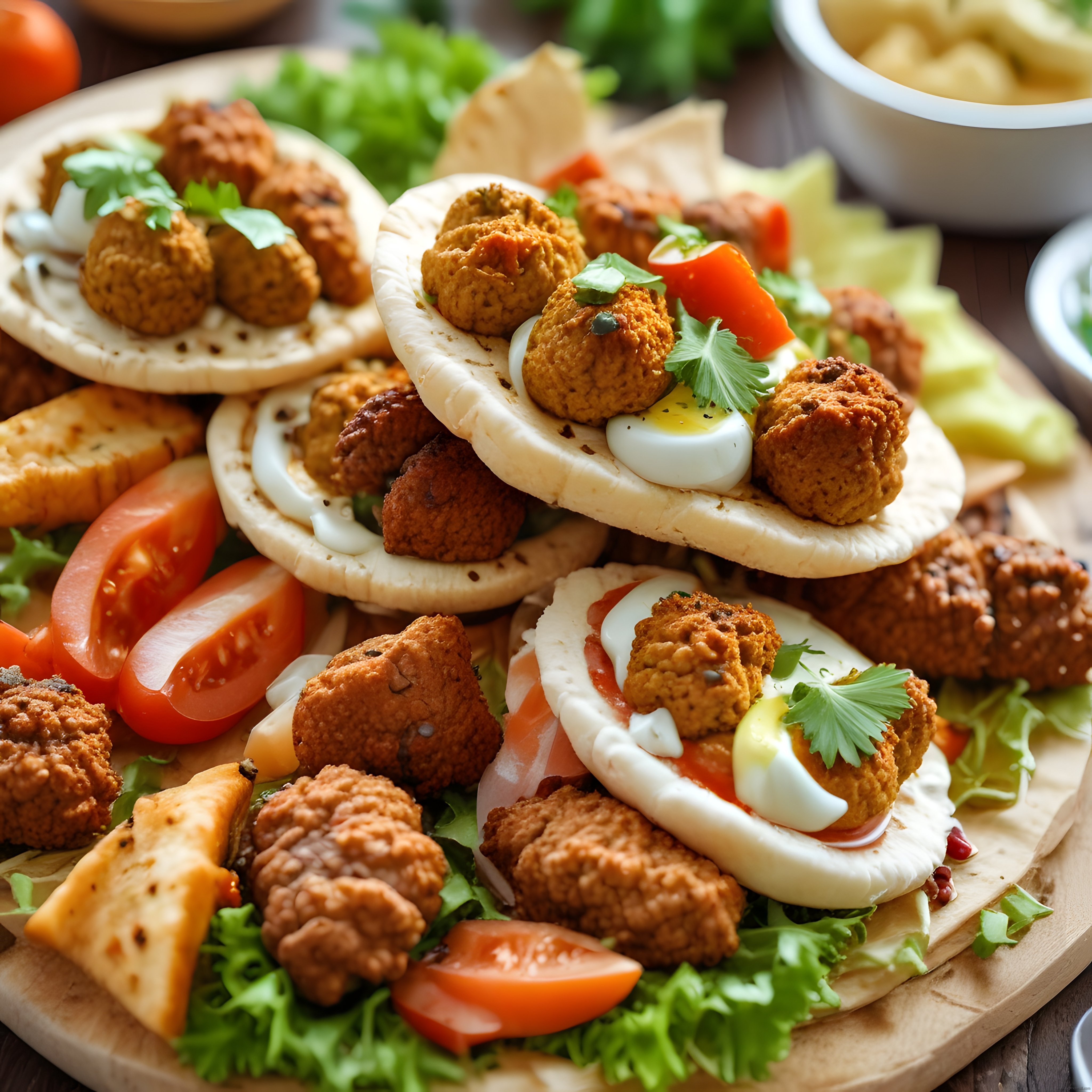 Ortadoğu Mutfağından Falafelli Pide Sunumu: Taze Sebzeler ve Humus Eşliğinde