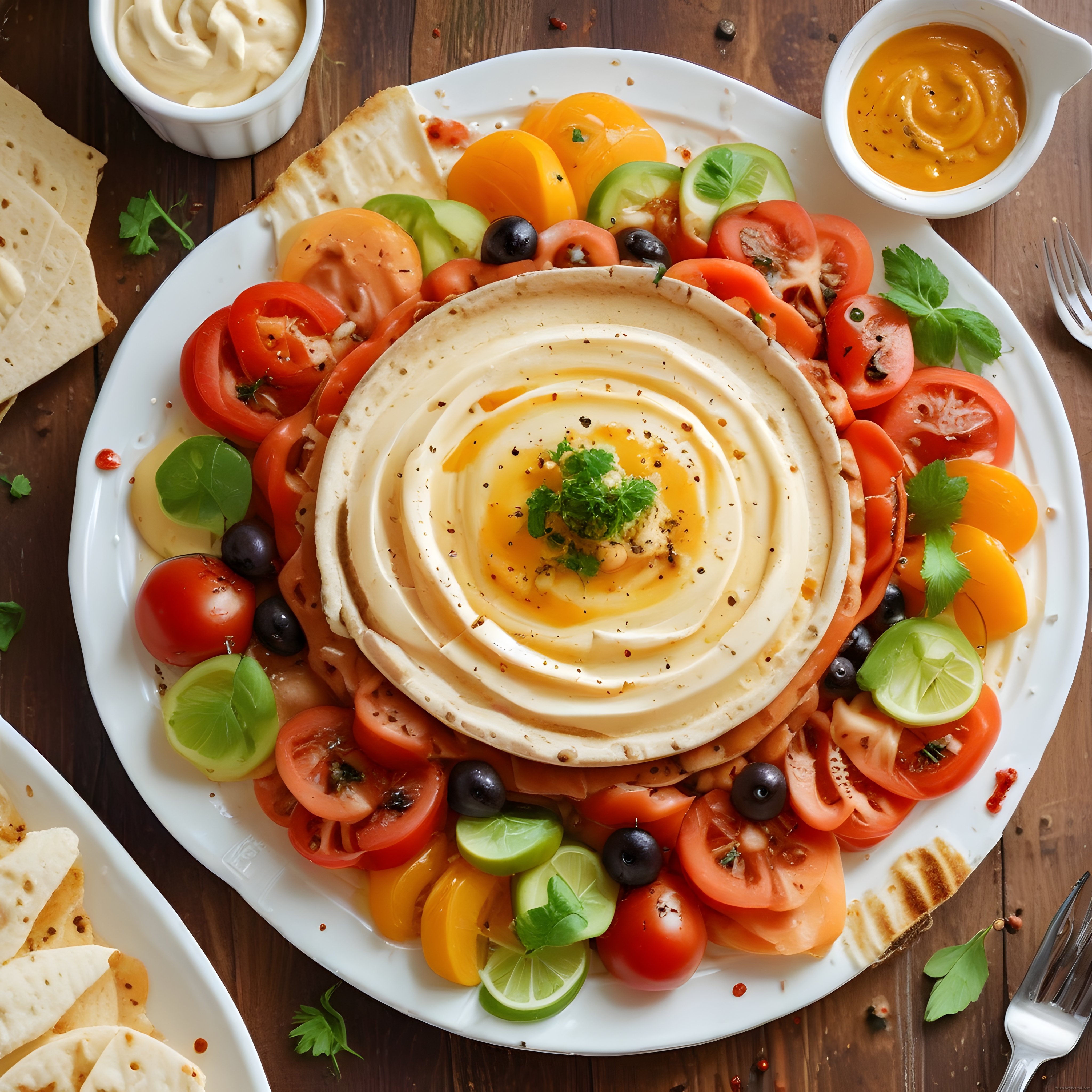 Ortadoğu Mutfağından Humus ve Taze Sebze Soslu Renkli Meze Tabağı Sunumu