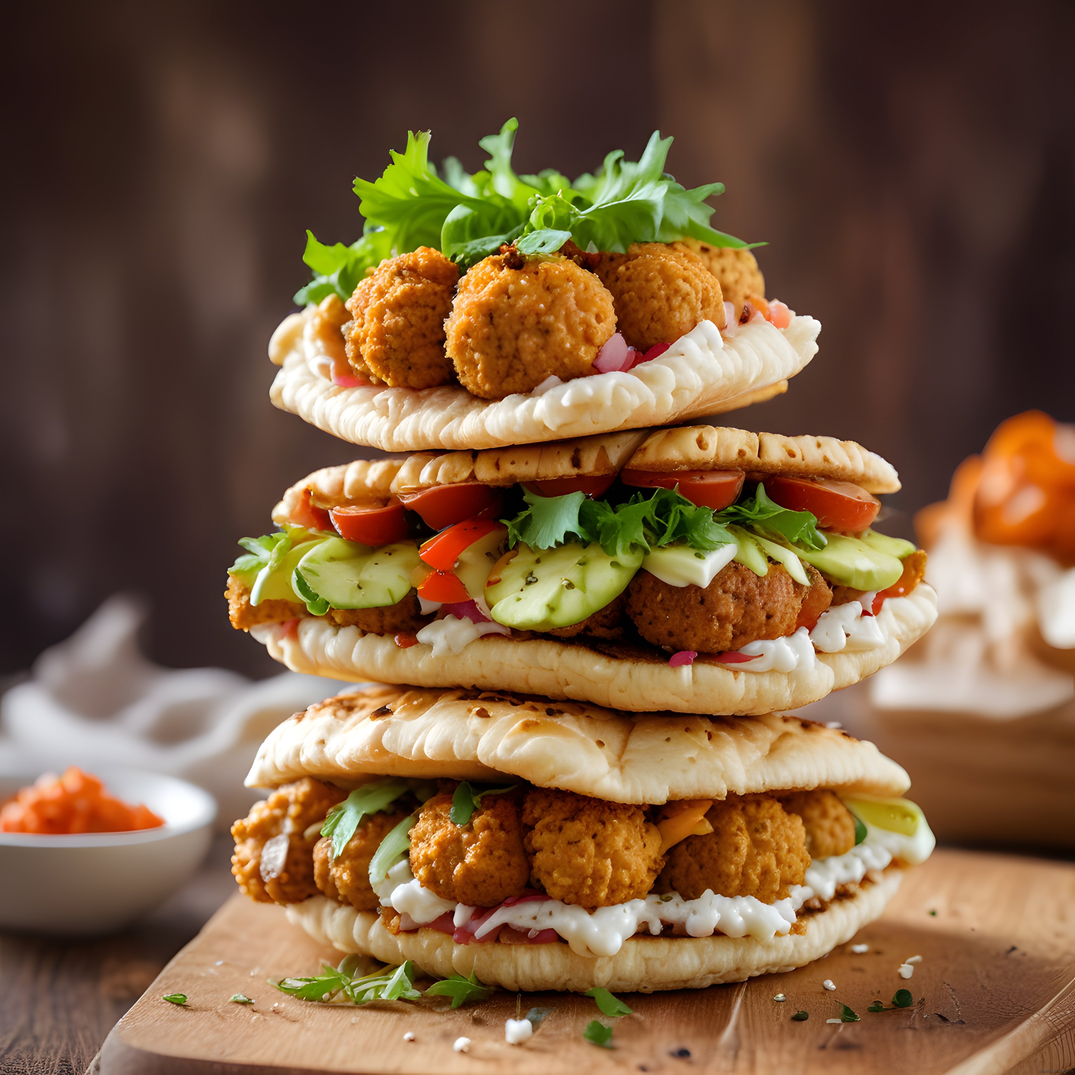 Ortadoğu mutfağından üç katlı falafel pita: Çıtır köfteler, sebzeler ve özel sos