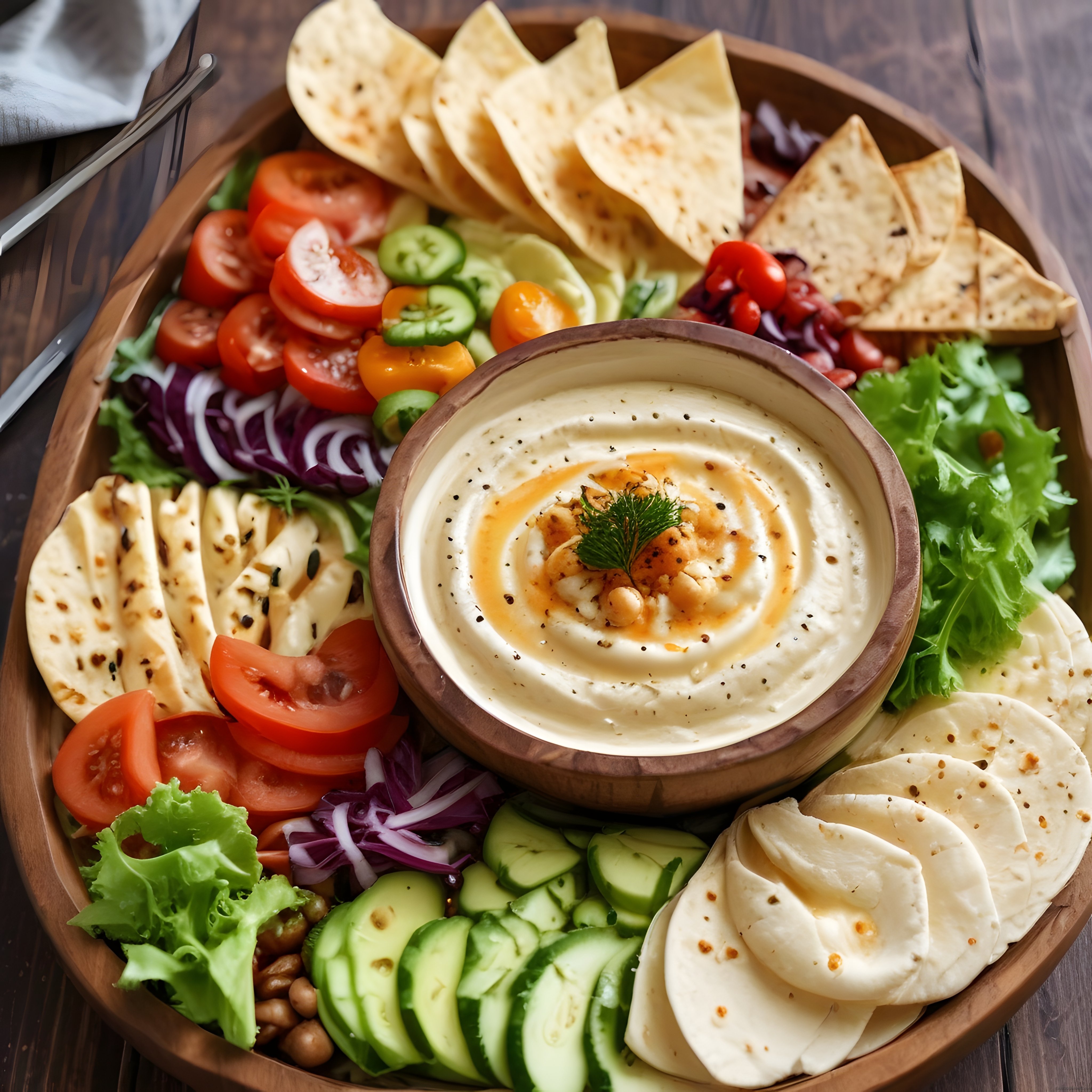 Ortadoğu Stili Humus ve Meze Tabağı: Taze Sebzeler, Peynir ve Lavaş Eşliğinde