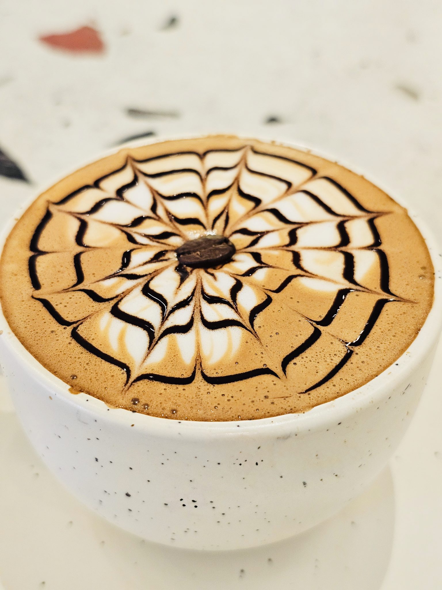Örümcek Ağı Desenli Latte Art ve Kahve Çekirdekli Sıcak İçecek
