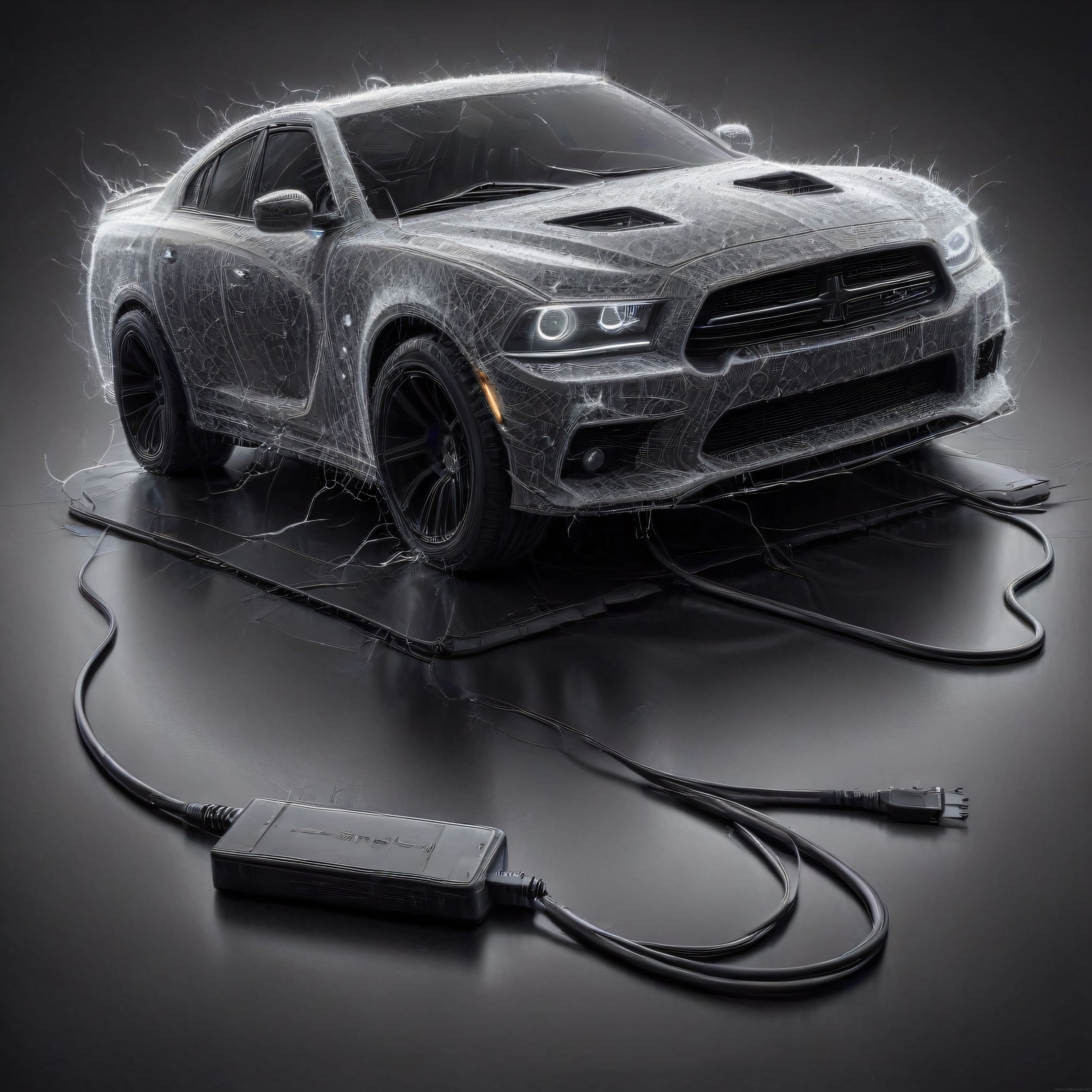 Otomotiv teşhis cihazına kabloyla bağlı çizgisel render spor sedan araba görseli