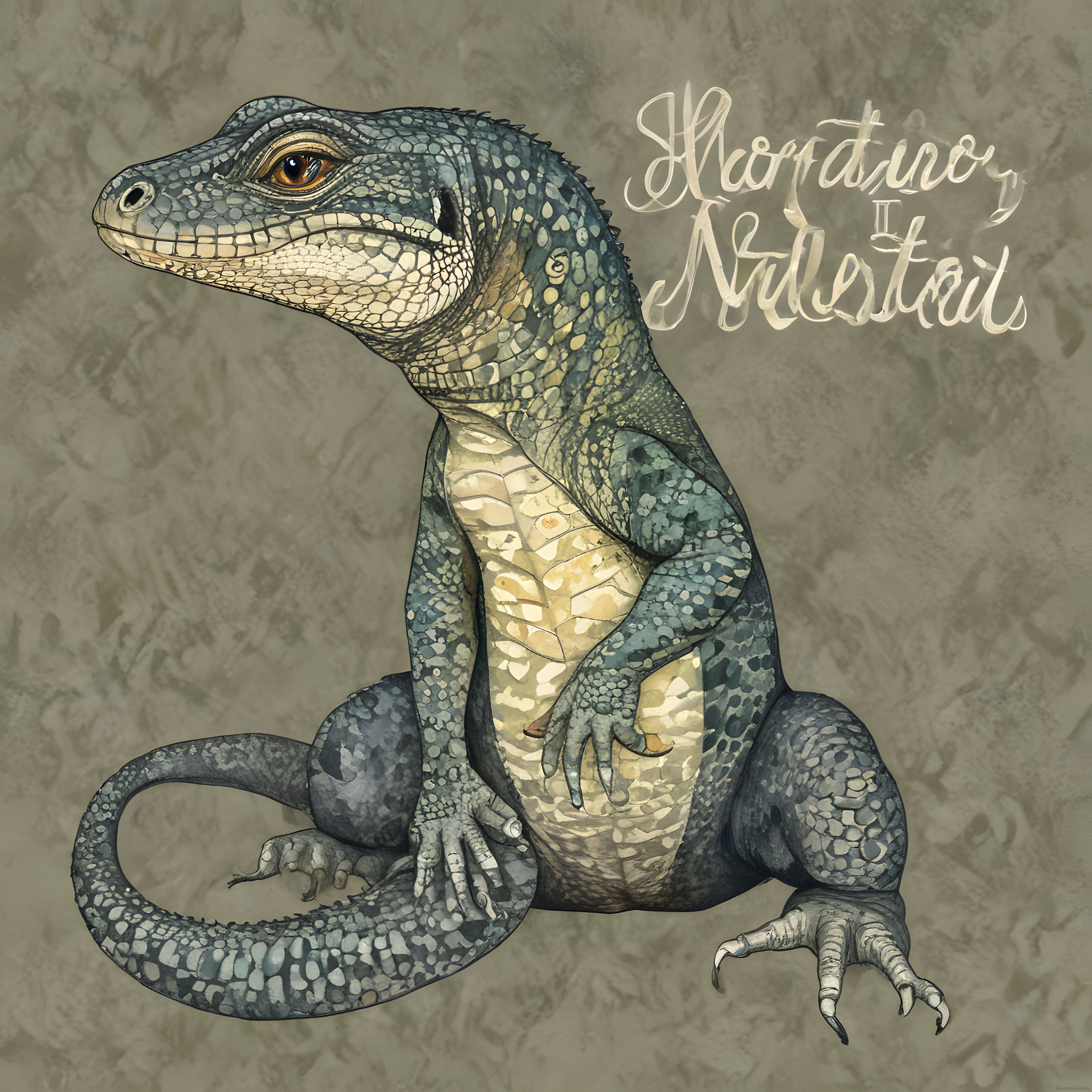 Oturan Mavi İguana ve Benzersiz Pul Desenleriyle Dijital Sanat Çalışması