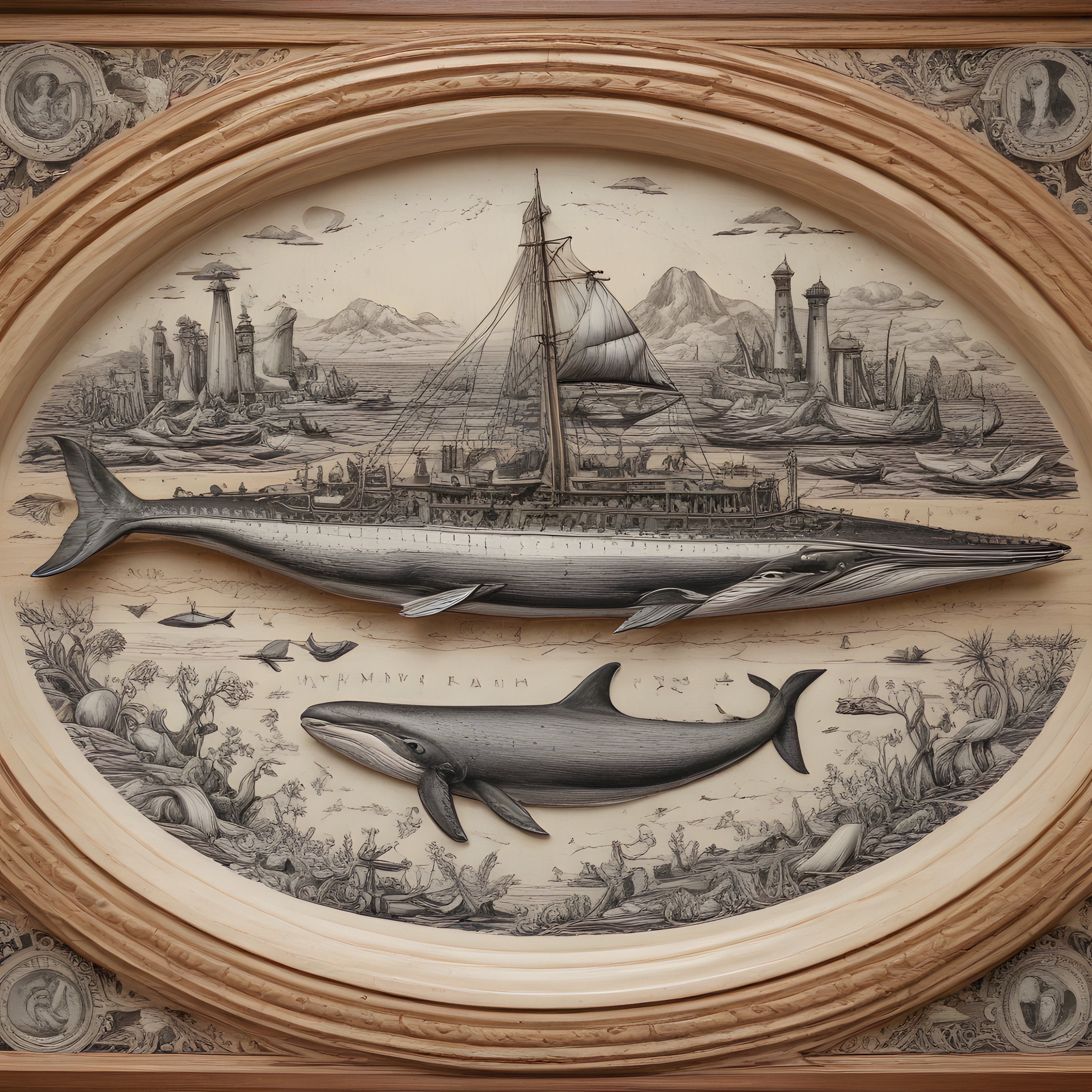 Oval Ahşap Çerçevede Balinalar ve Antik Deniz Gravürü Sanat Eseri