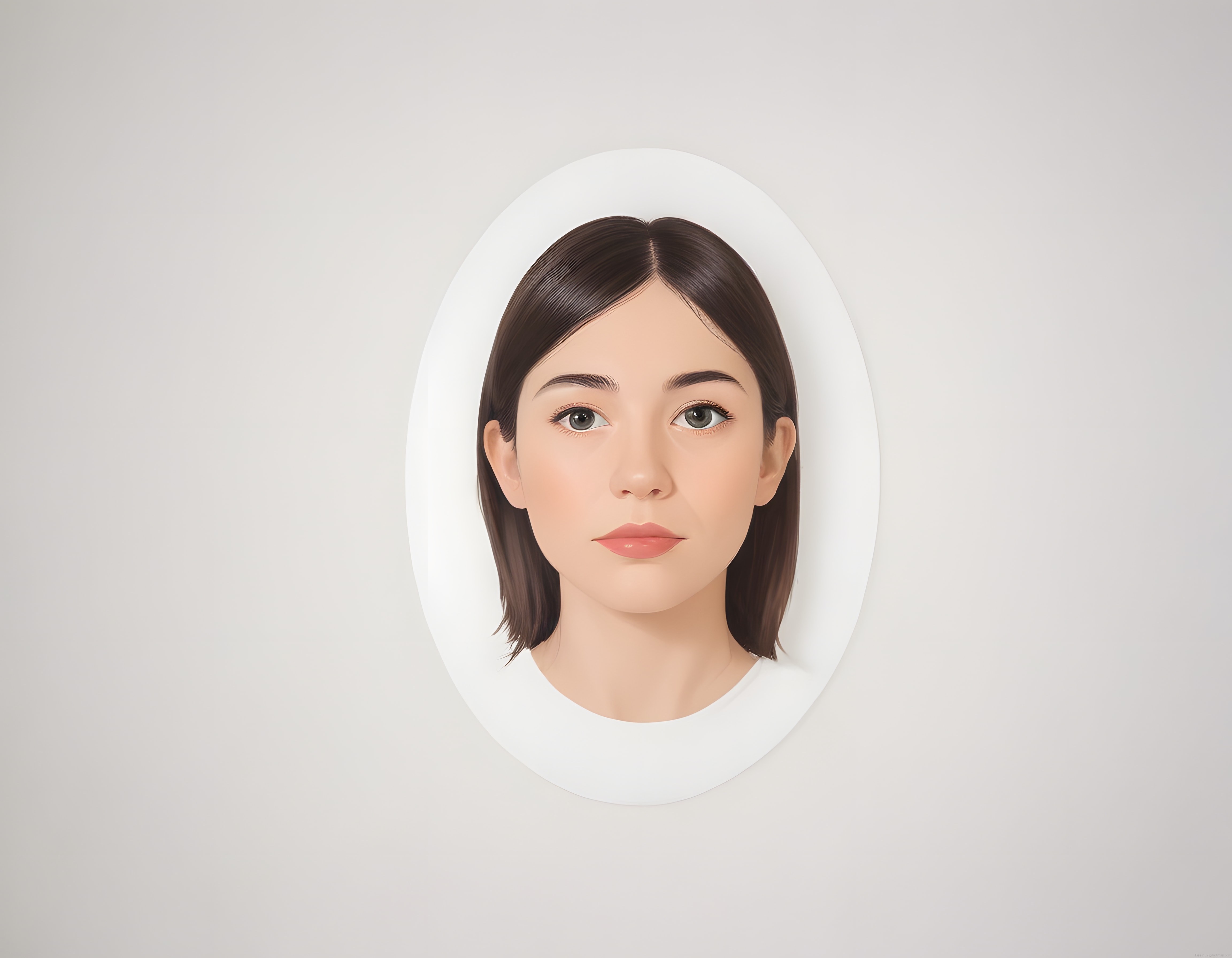 Oval Beyaz Çerçevede Minimalist Dijital Kadın Portresi ve Modern 3D Render