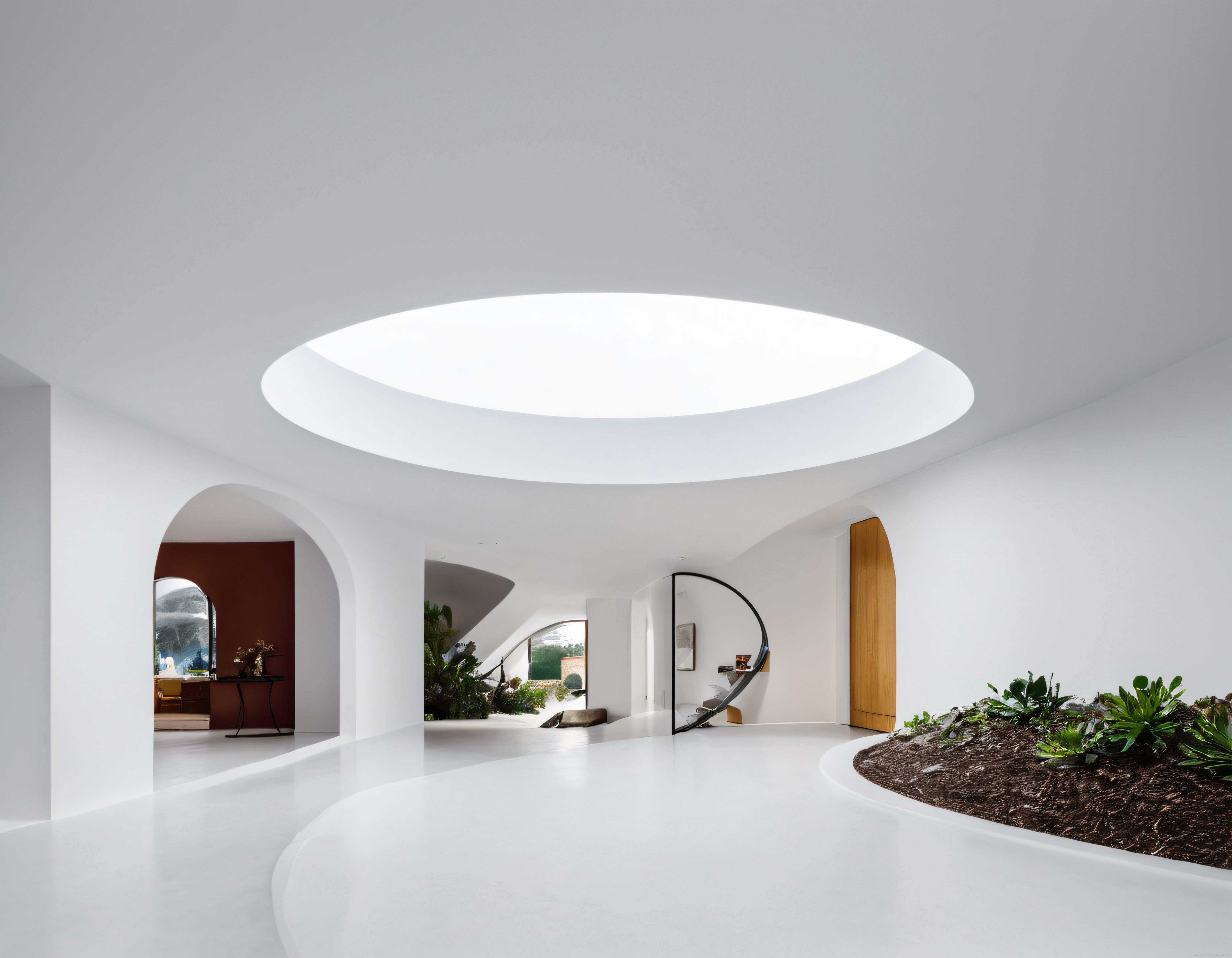 Oval Pencereli ve İç Bahçeli Organik Formlarda Minimalist Ev Tasarımı