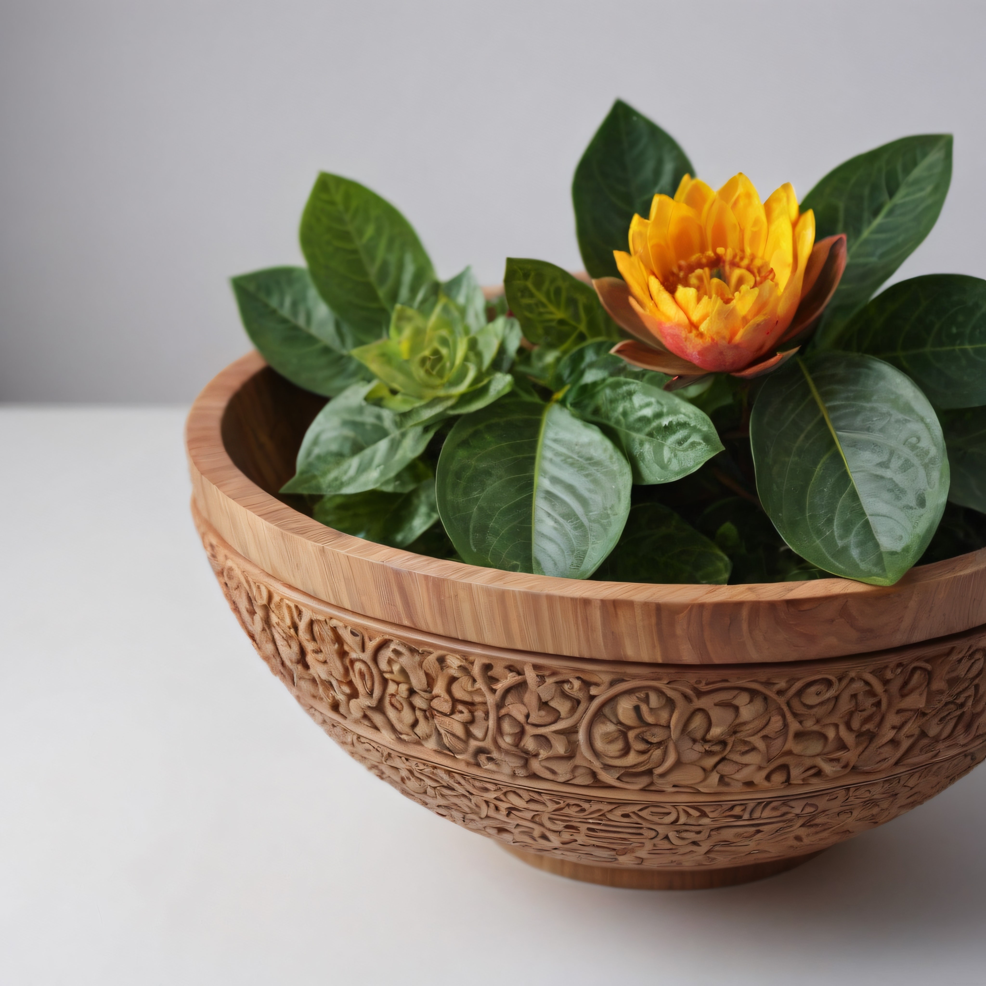 Oymalı Ahşap Kapta Sarı Nilüfer ve Sukulentlerle Zen Dekorasyonu