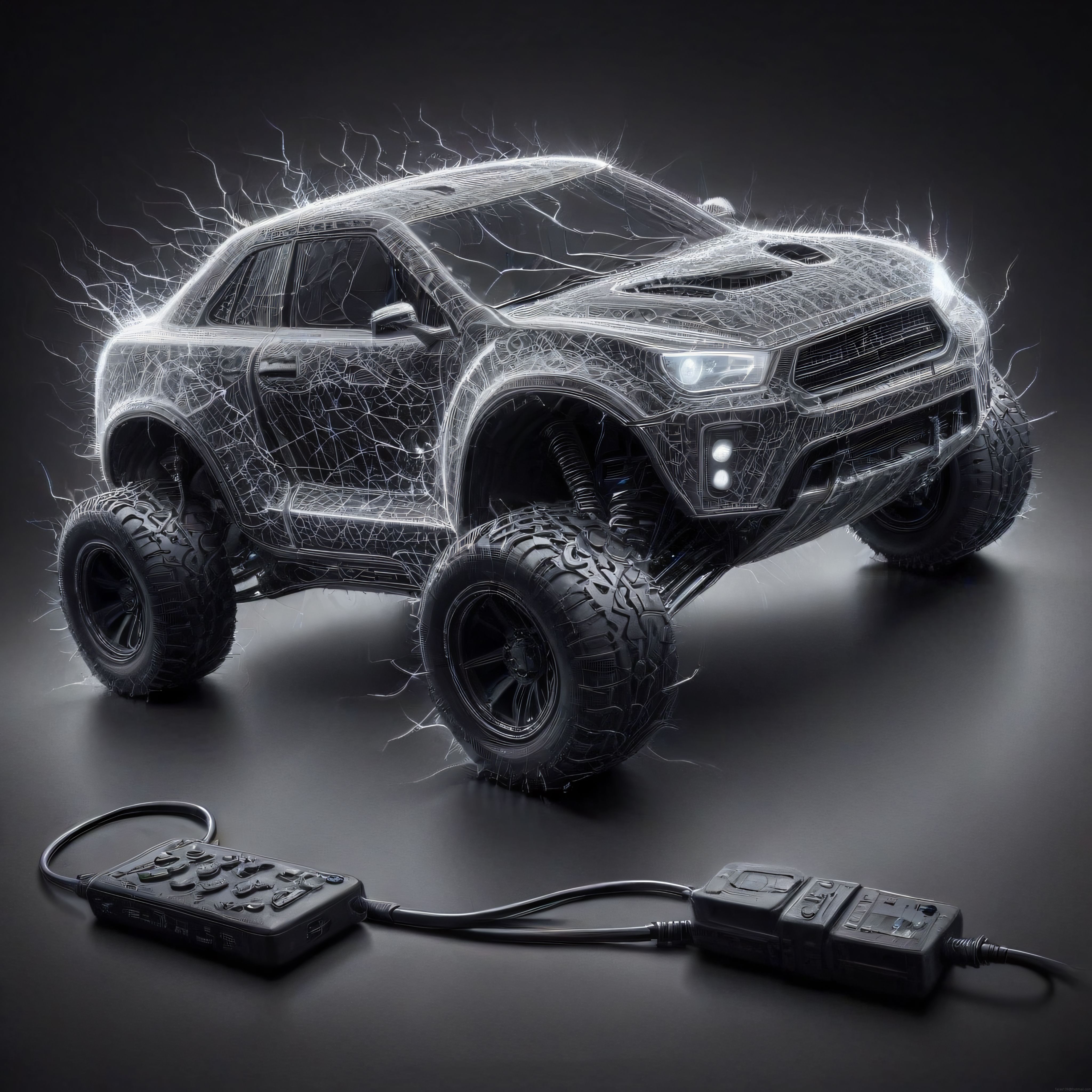 Oyun kumandasıyla kontrol edilen fütüristik dijital off road SUV tasarımı