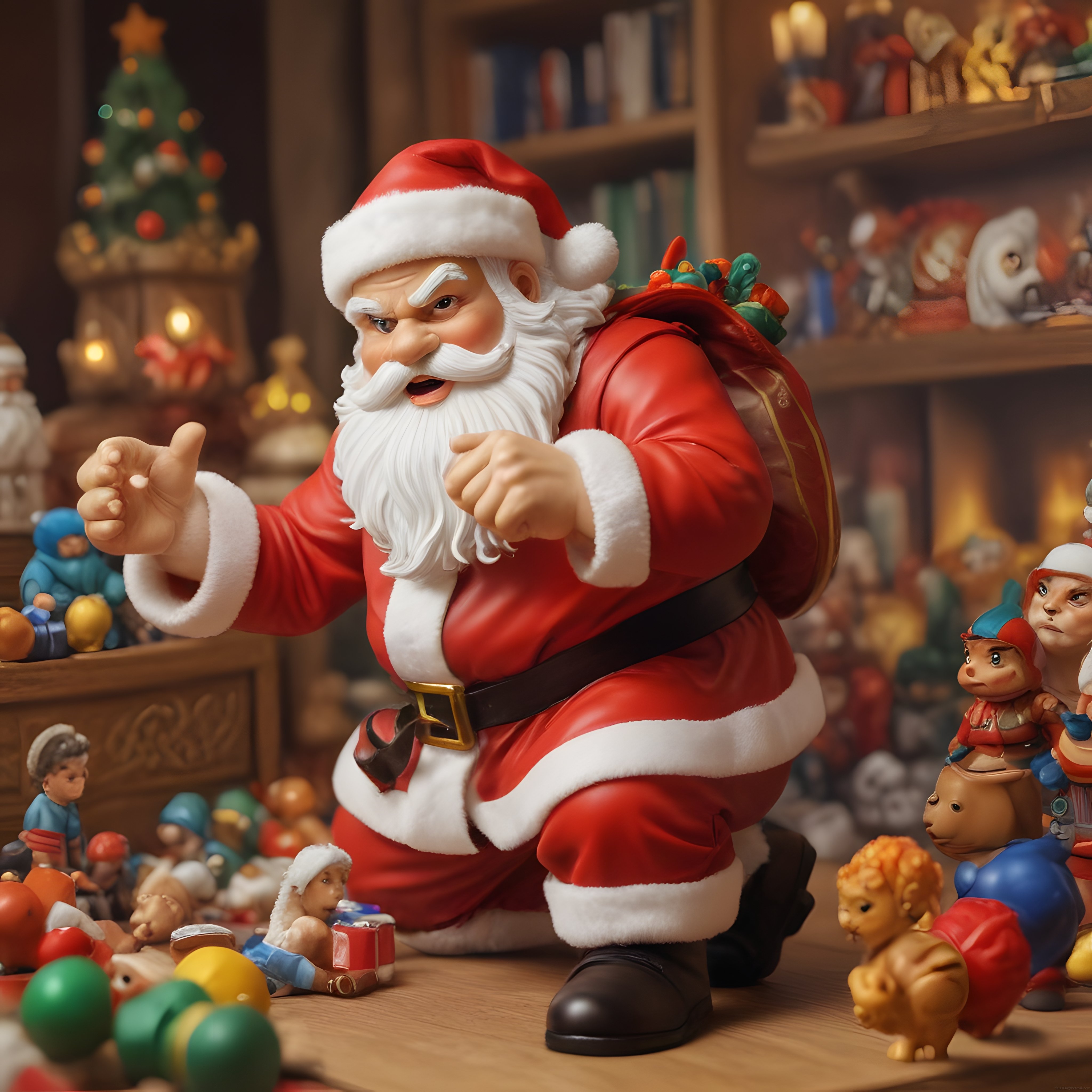 Oyuncak Atölyesindeki Noel Baba Figürü ve Renkli Yılbaşı Süslemeleri