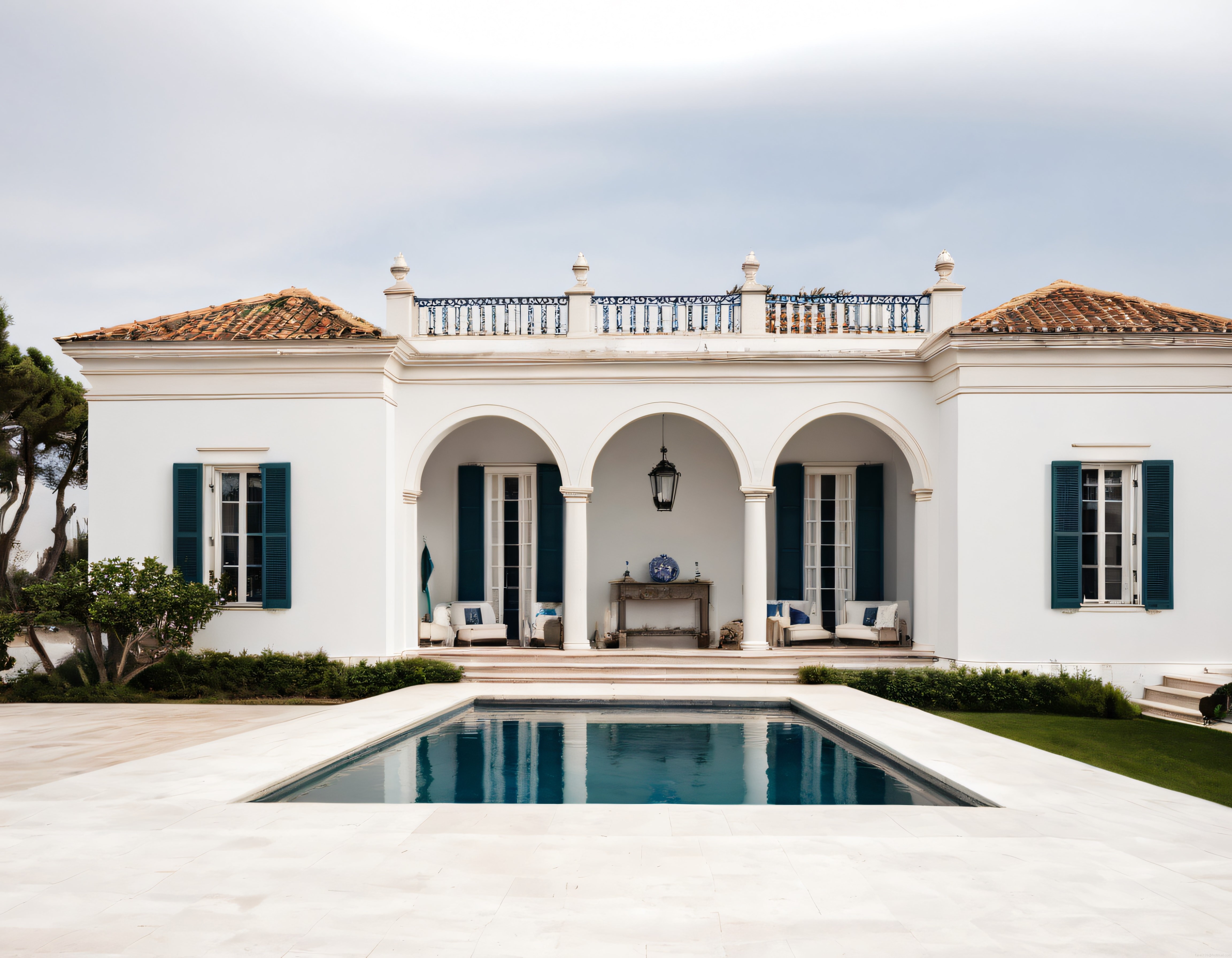 Özel Havuzlu Beyaz Villa ve Kemerli Terasıyla Etkileyici Akdeniz Mimarisi