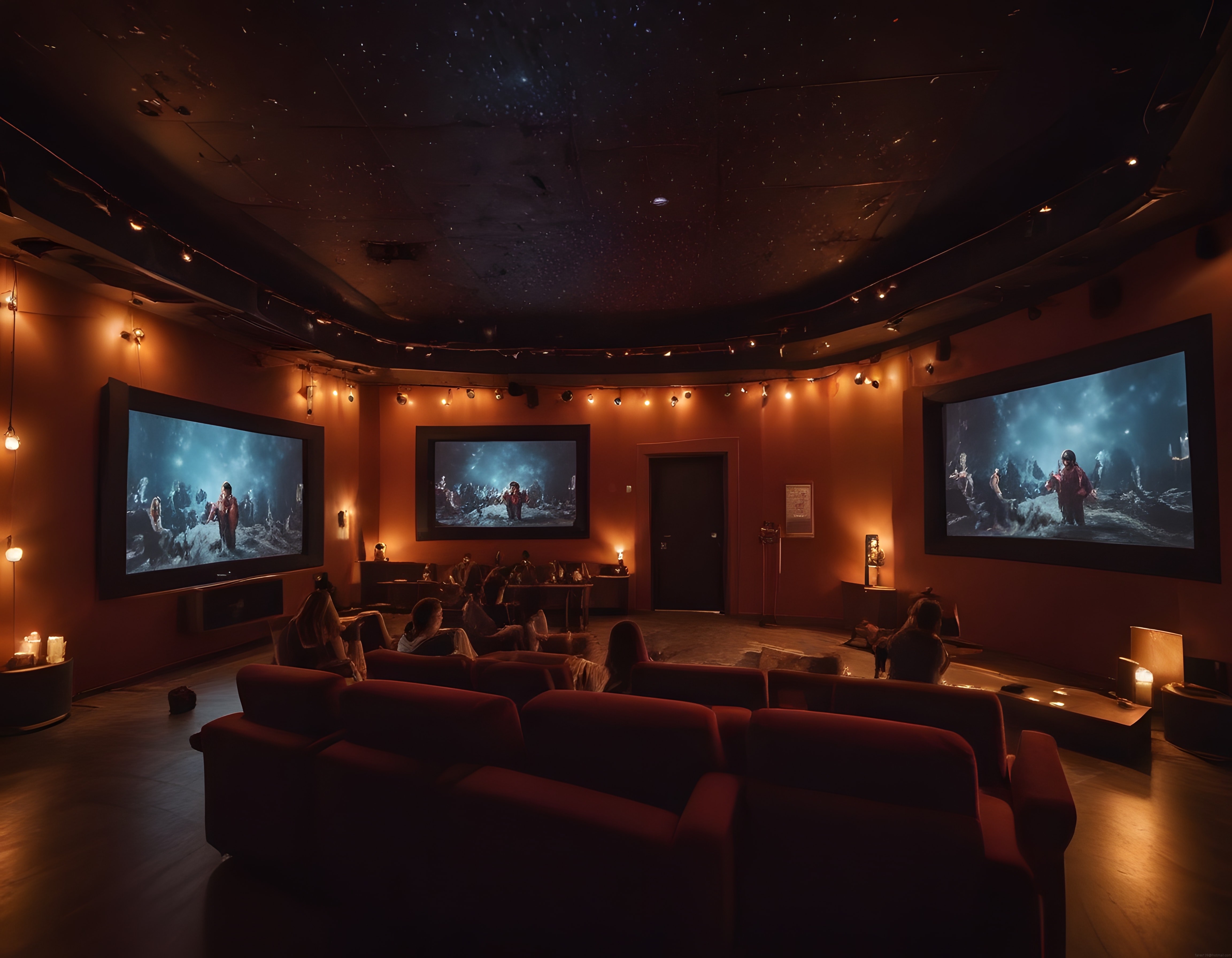 Özel Sinema Salonunda Yıldızlı Tavan Altında Üç Ekranlı Film İzleme Deneyimi