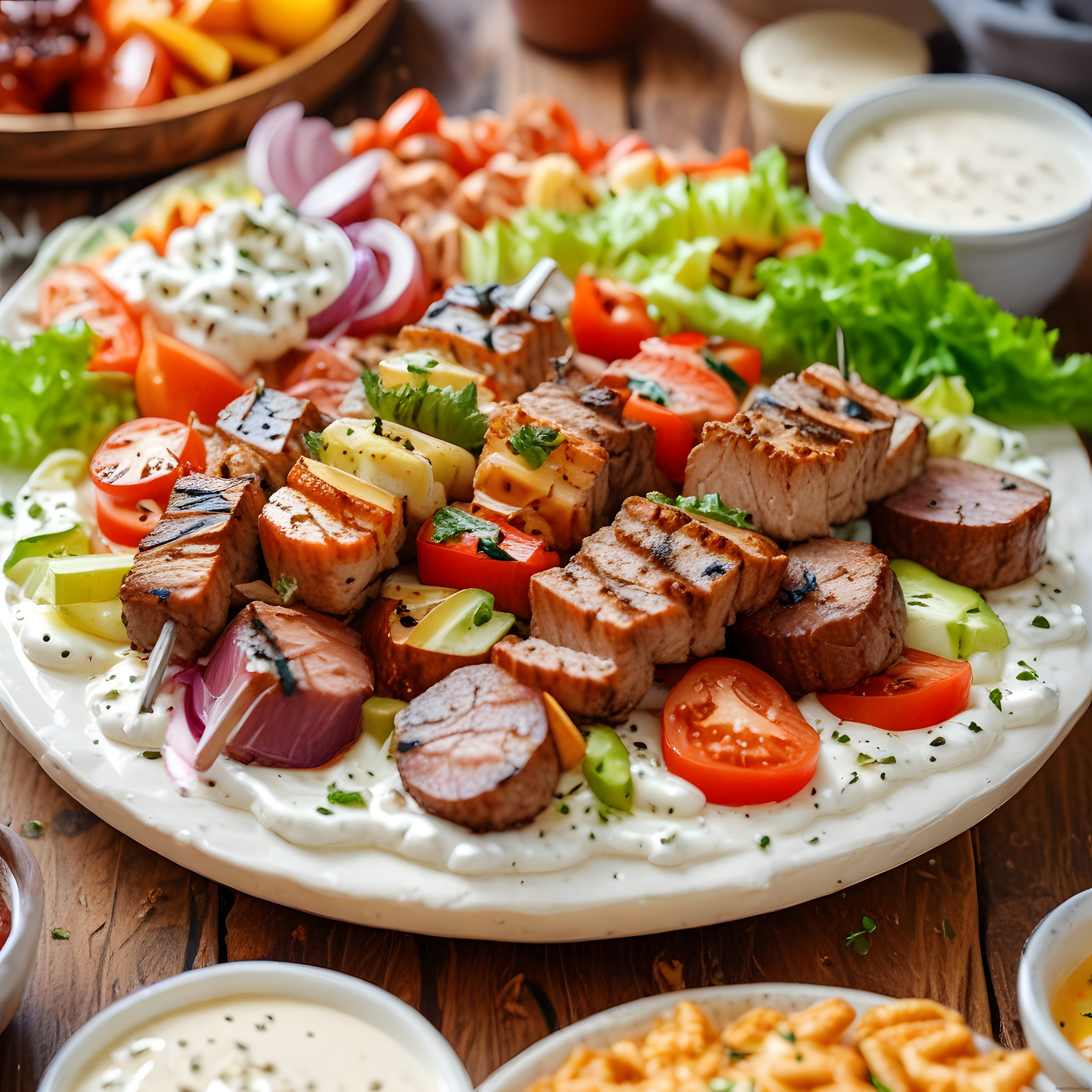 Özel Soslar Eşliğinde Dana ve Tavuk Şişten Oluşan Kebap Tabağı