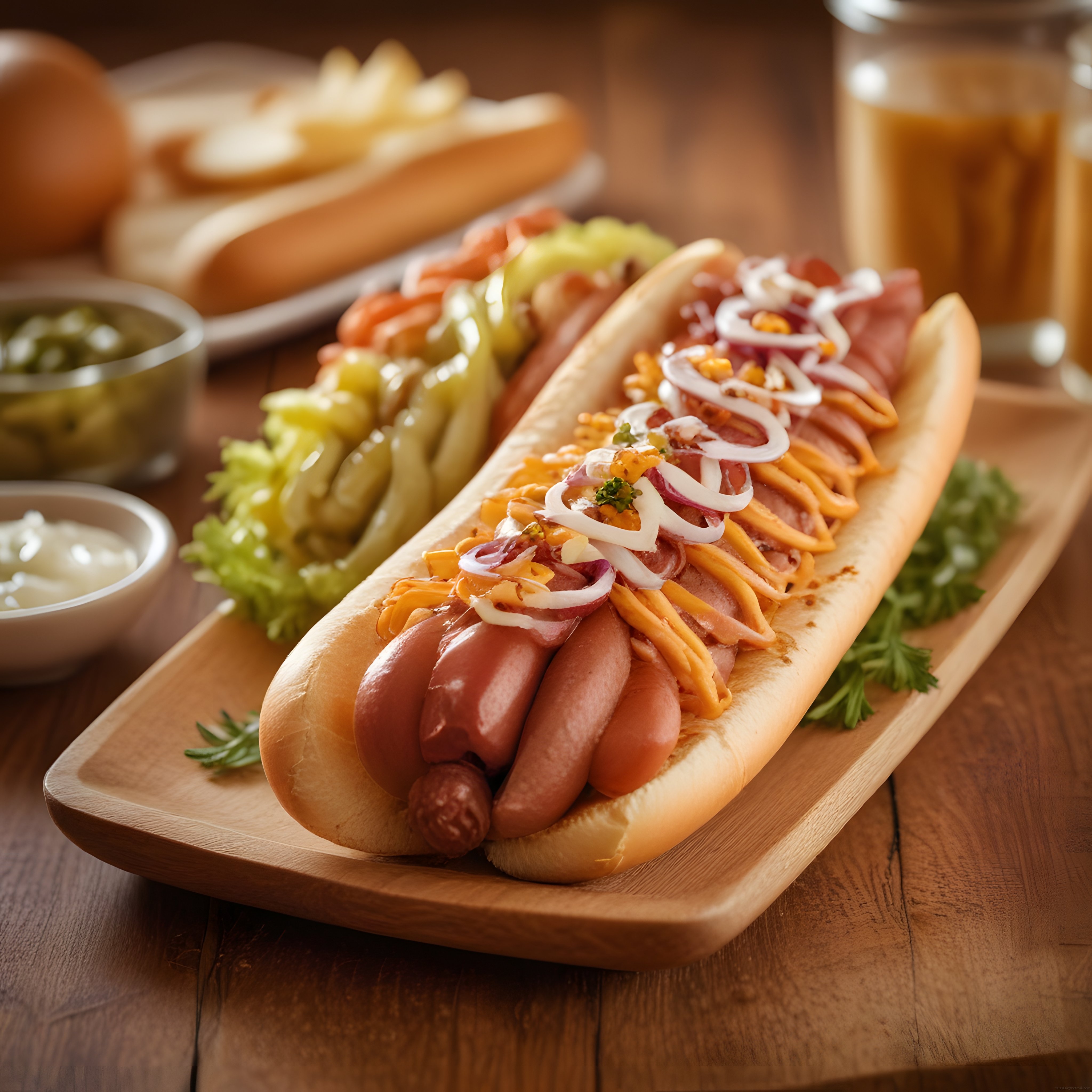 Özel Soslar ve Karamelize Soğanla Süslenmiş Acılı Gourmet Hot Dog