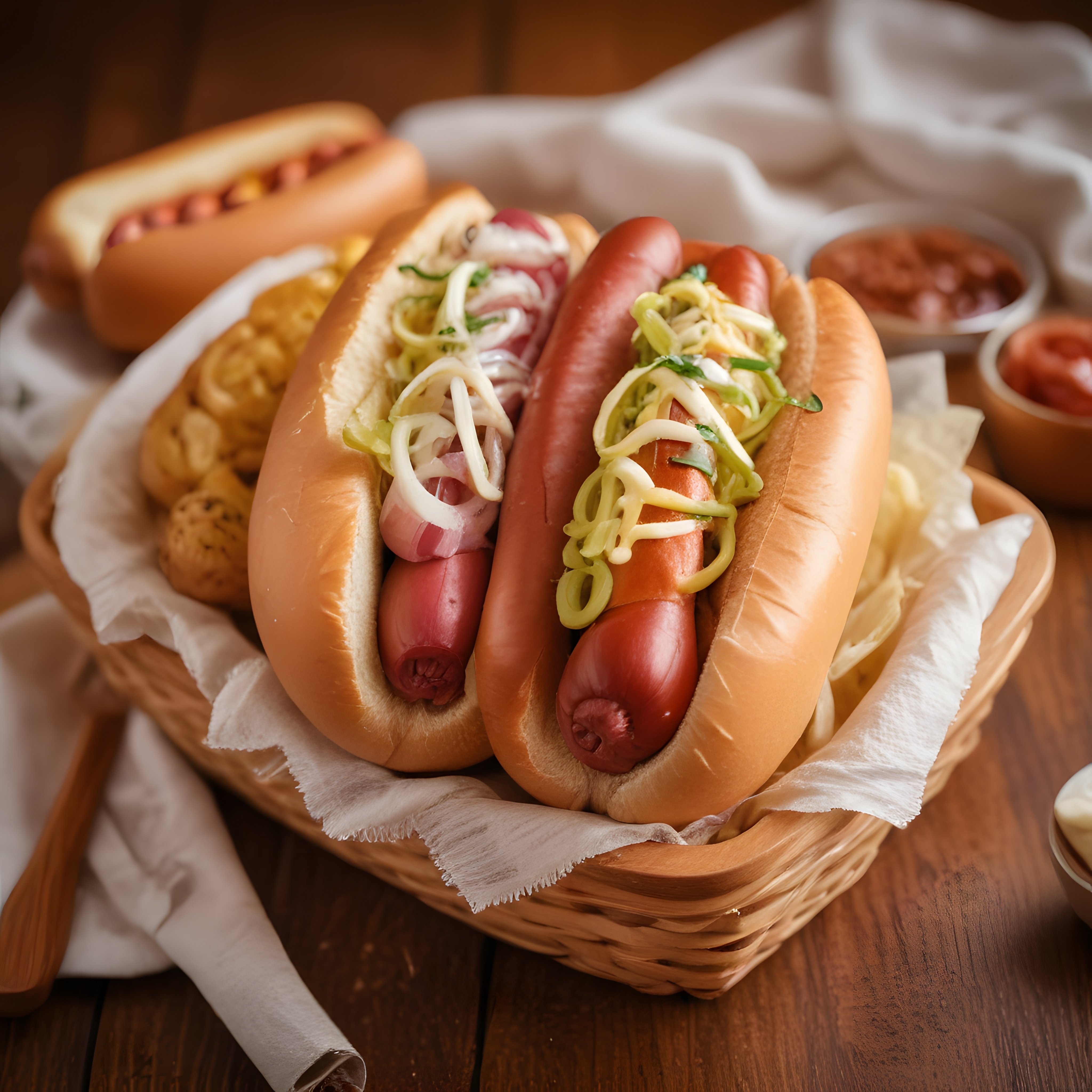Özel soslarla süslenmiş nefis hotdoglar, çıtır patates ve dip soslar