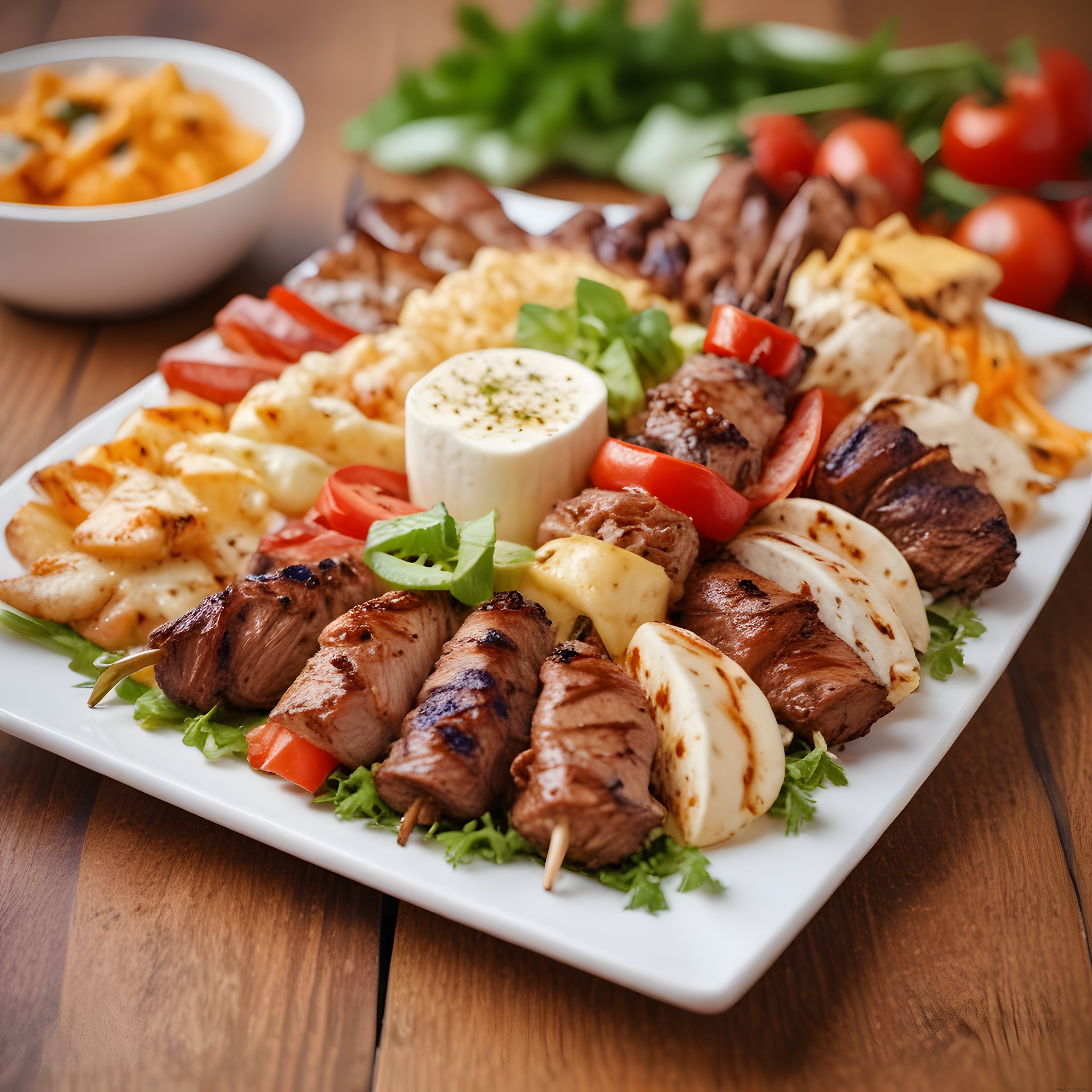 Özel soslu ızgara şiş kebap ve peynir eşliğinde görkemli yemek tabağı