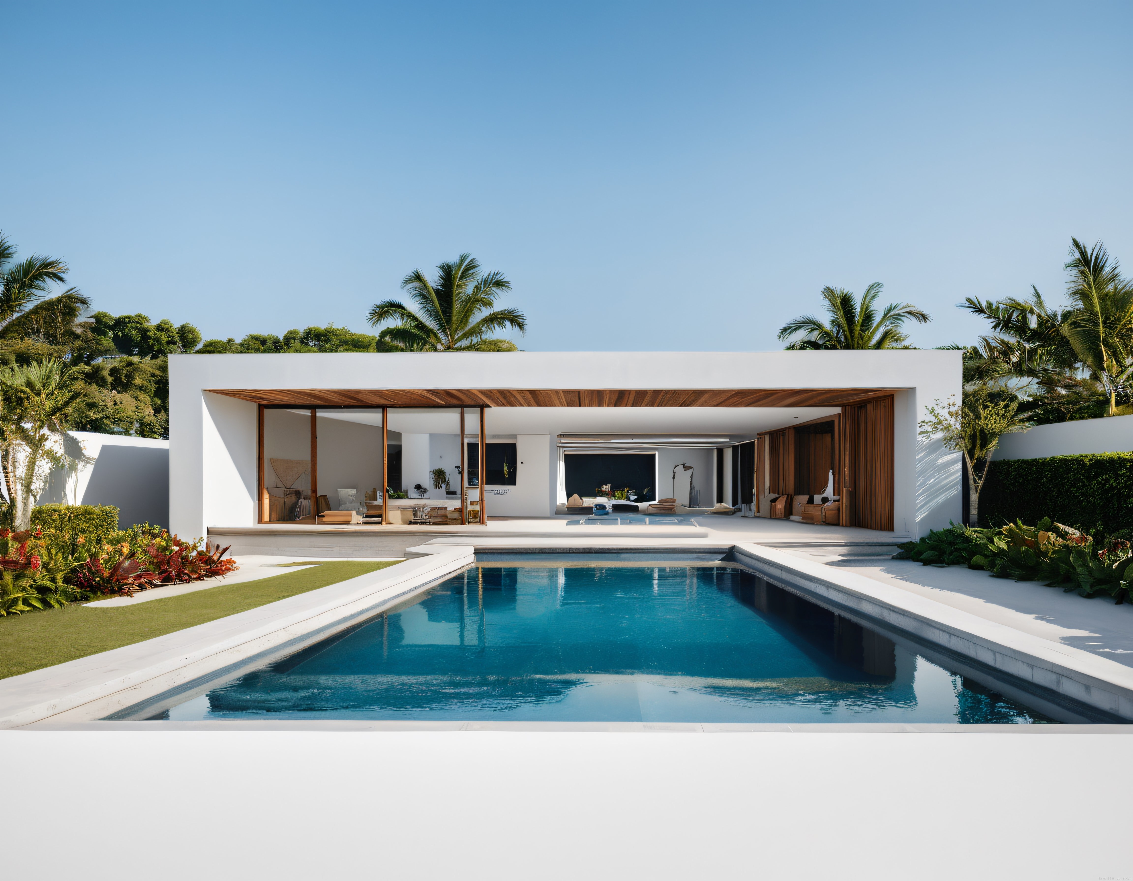 Özel Yüzme Havuzlu Modern Villa ve Tropikal Bahçe Panoraması