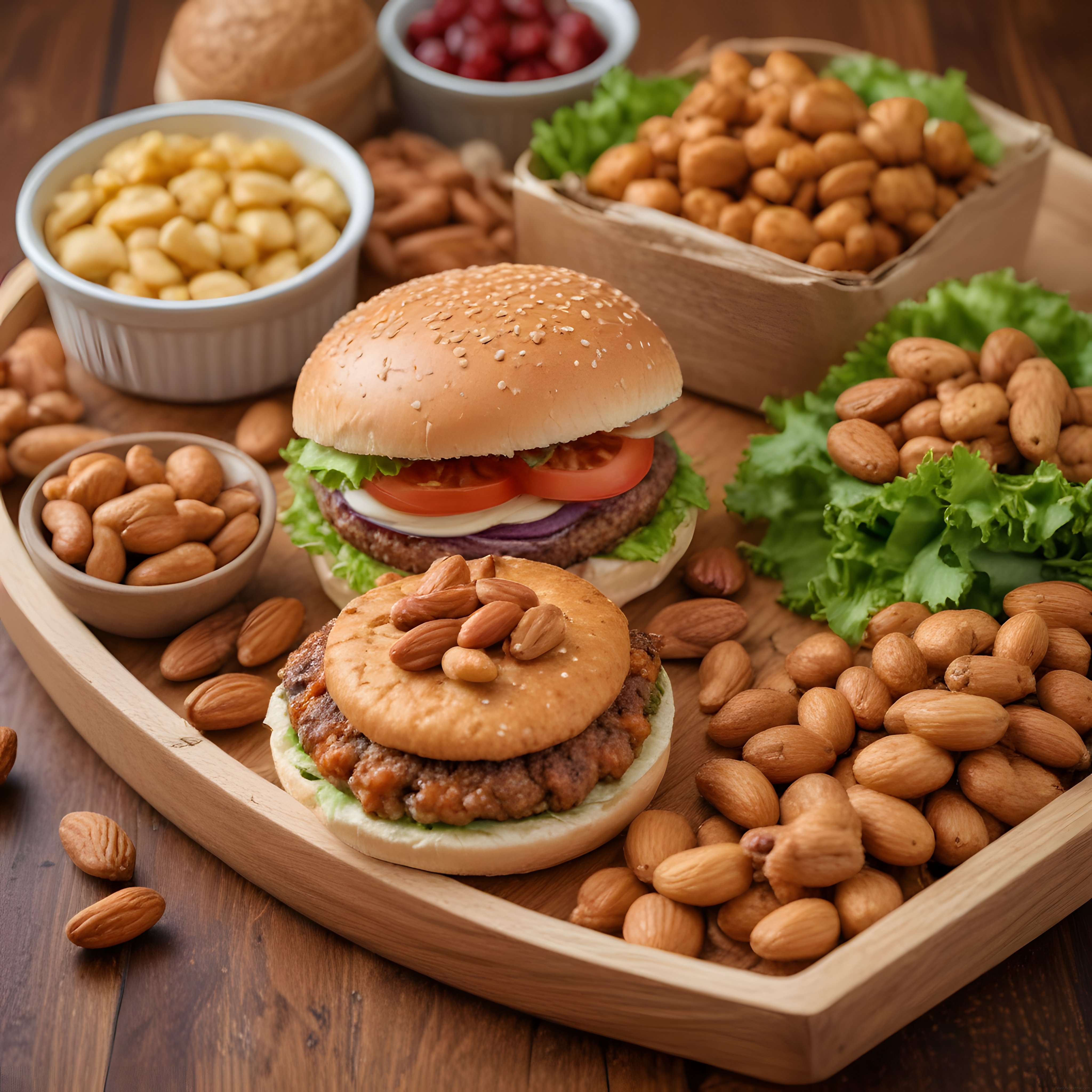 Özenle hazırlanmış ahşap sunum tepsisinde hamburger ve kuruyemişler Özenle hazırlanmış ahşap sunum tepsisinde hamburger ve kuruyemişler