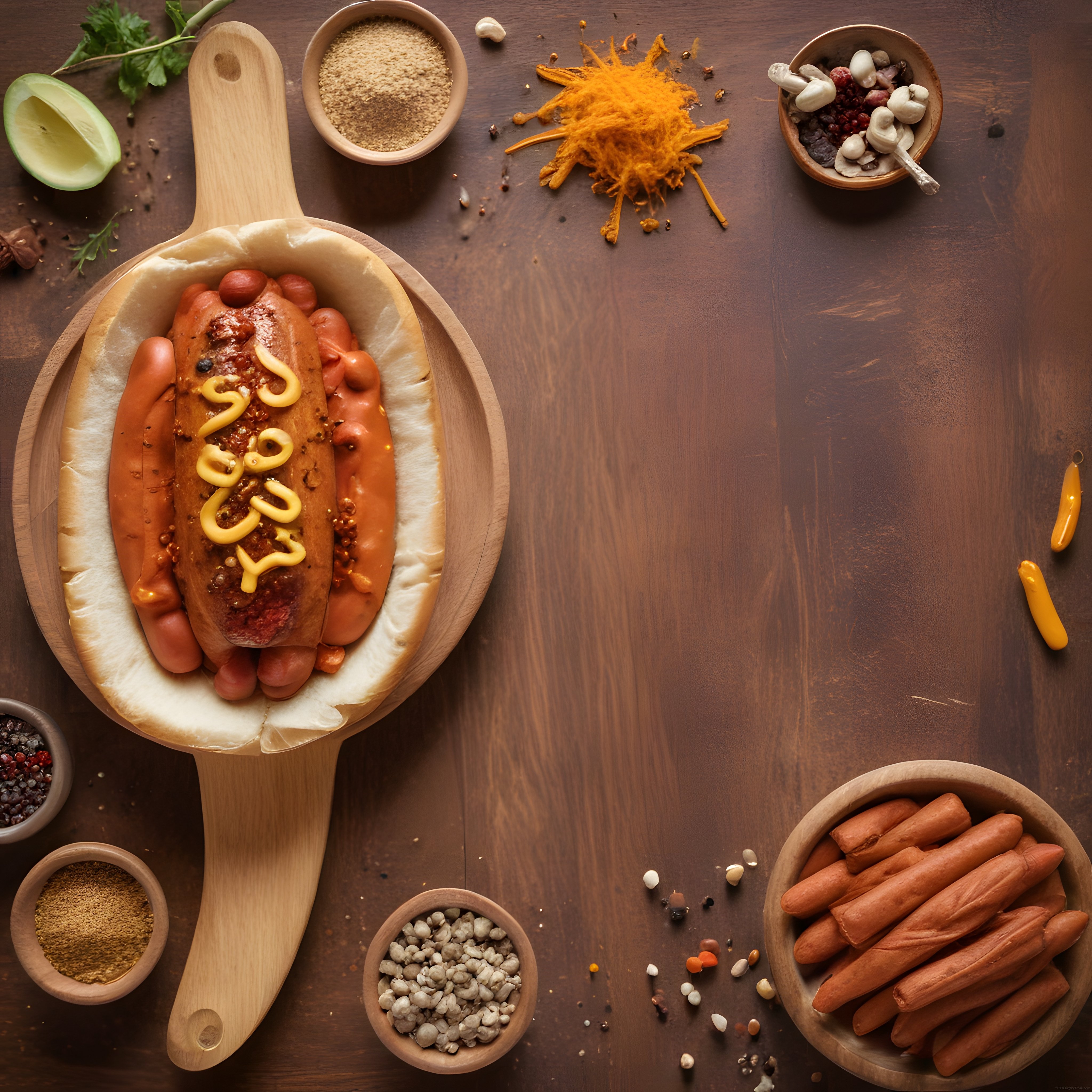 Özenle Hazırlanmış Gourmet Hot Dog ve Taze Baharatlarla Rustik Masa Sunumu