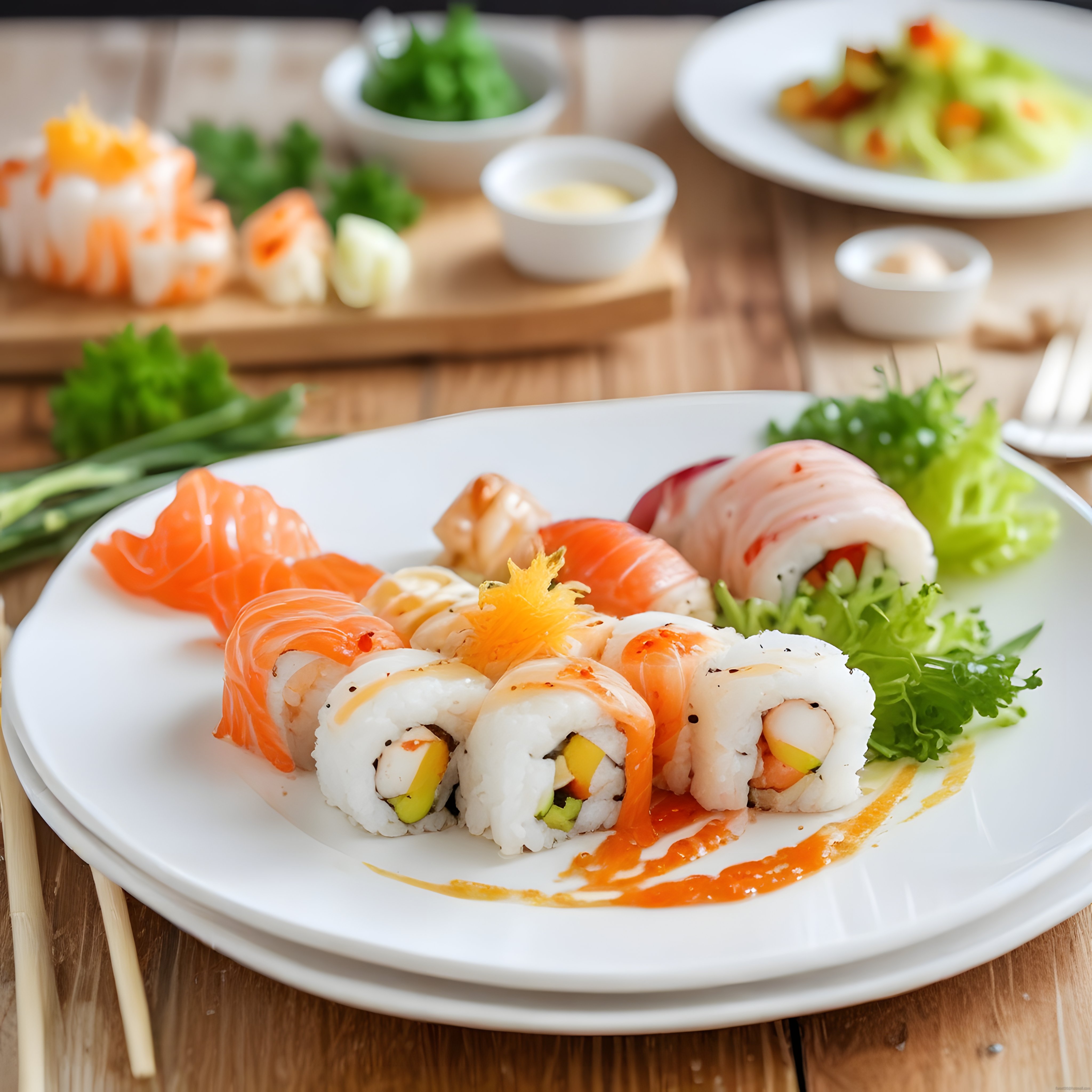 Özenle Hazırlanmış Somonlu ve Karidesli Sushi Çeşitleri Beyaz Porselen Tabağında