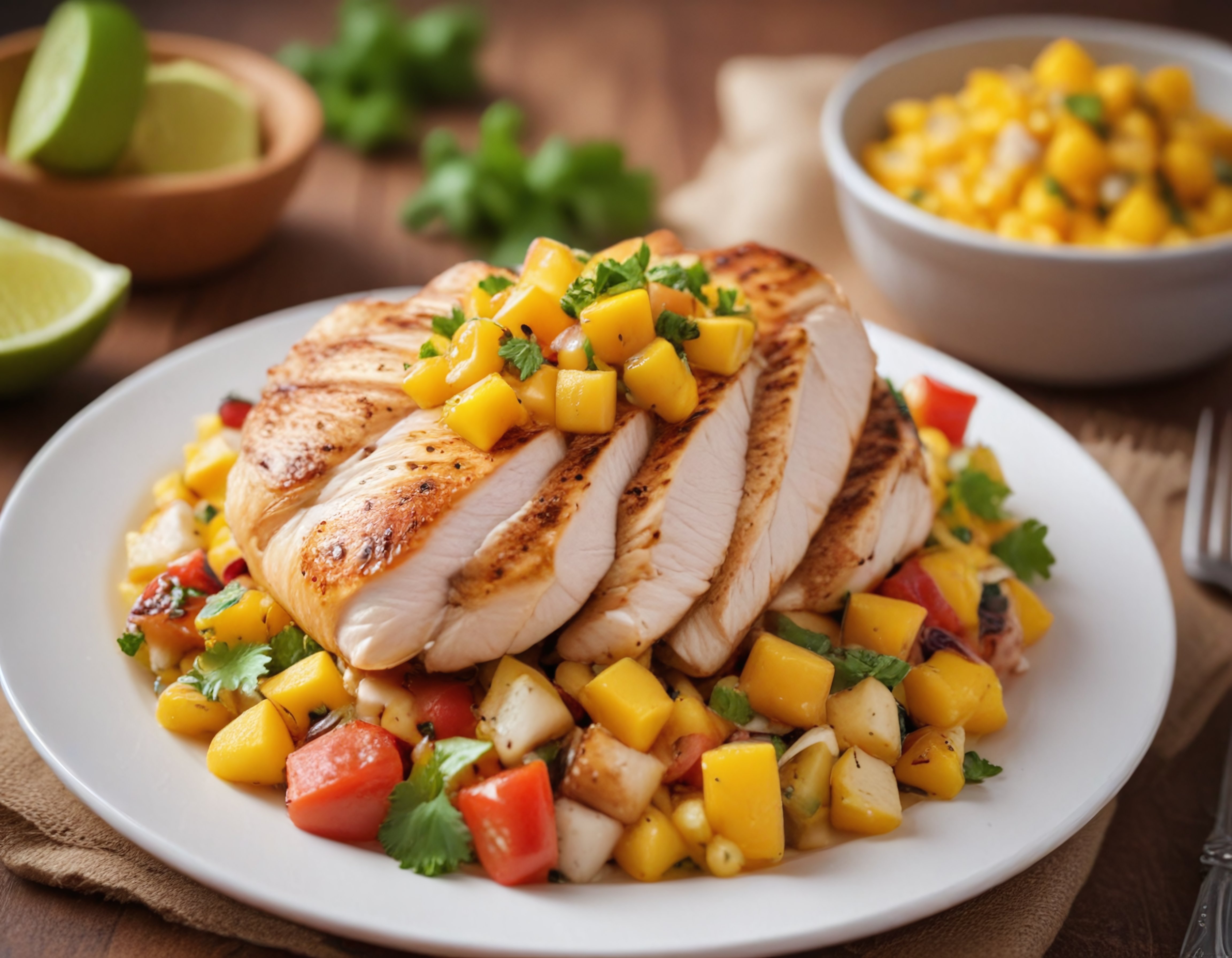 Özenle Izgara Edilmiş Tavuk Göğsü Üzerinde Taze Mango Salsa ve Kişniş Süslemesi
