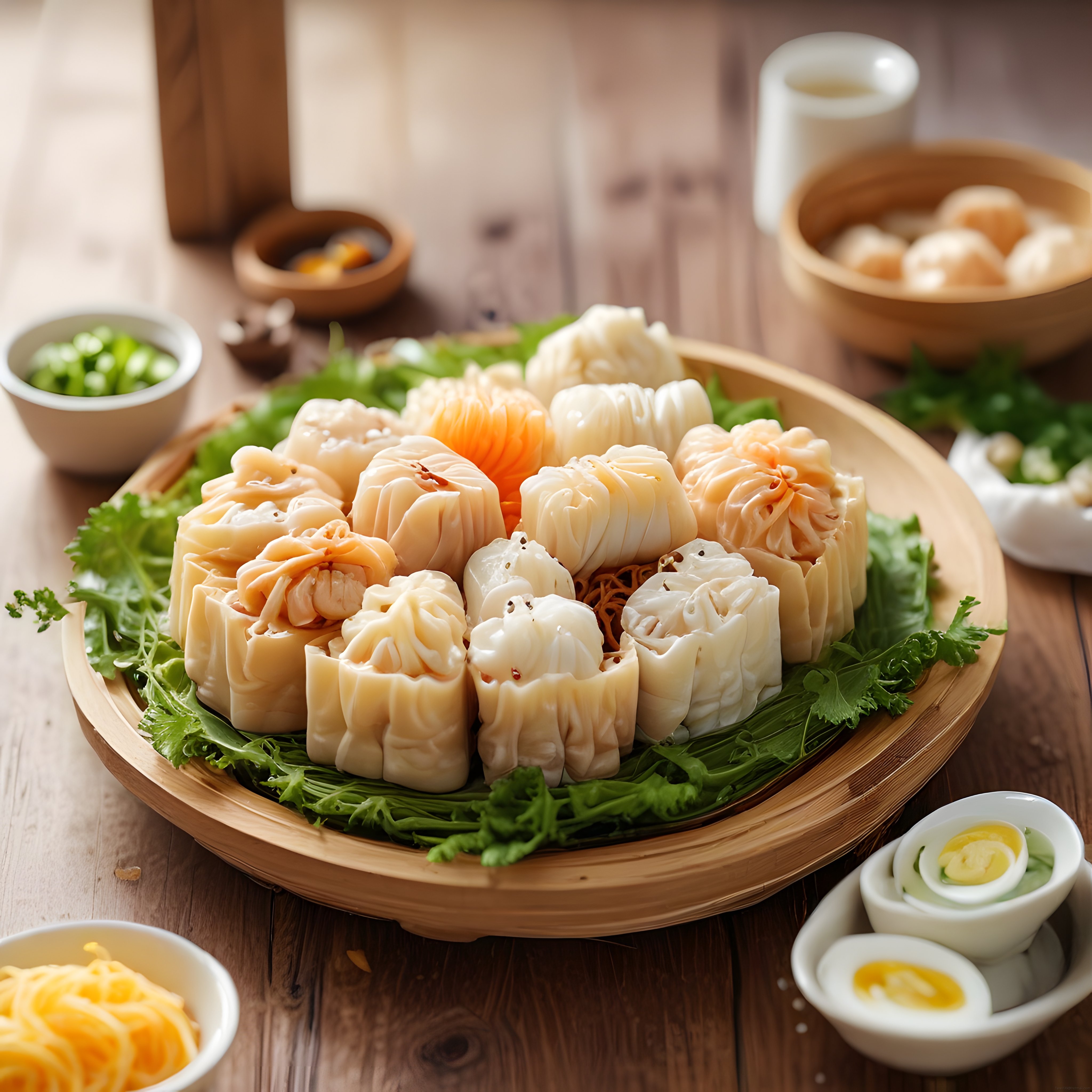 Özenle Katlanmış Çin Mantısı ve Dim Sum Çeşitlerinin Bambu Tepside Rustik Sunumu