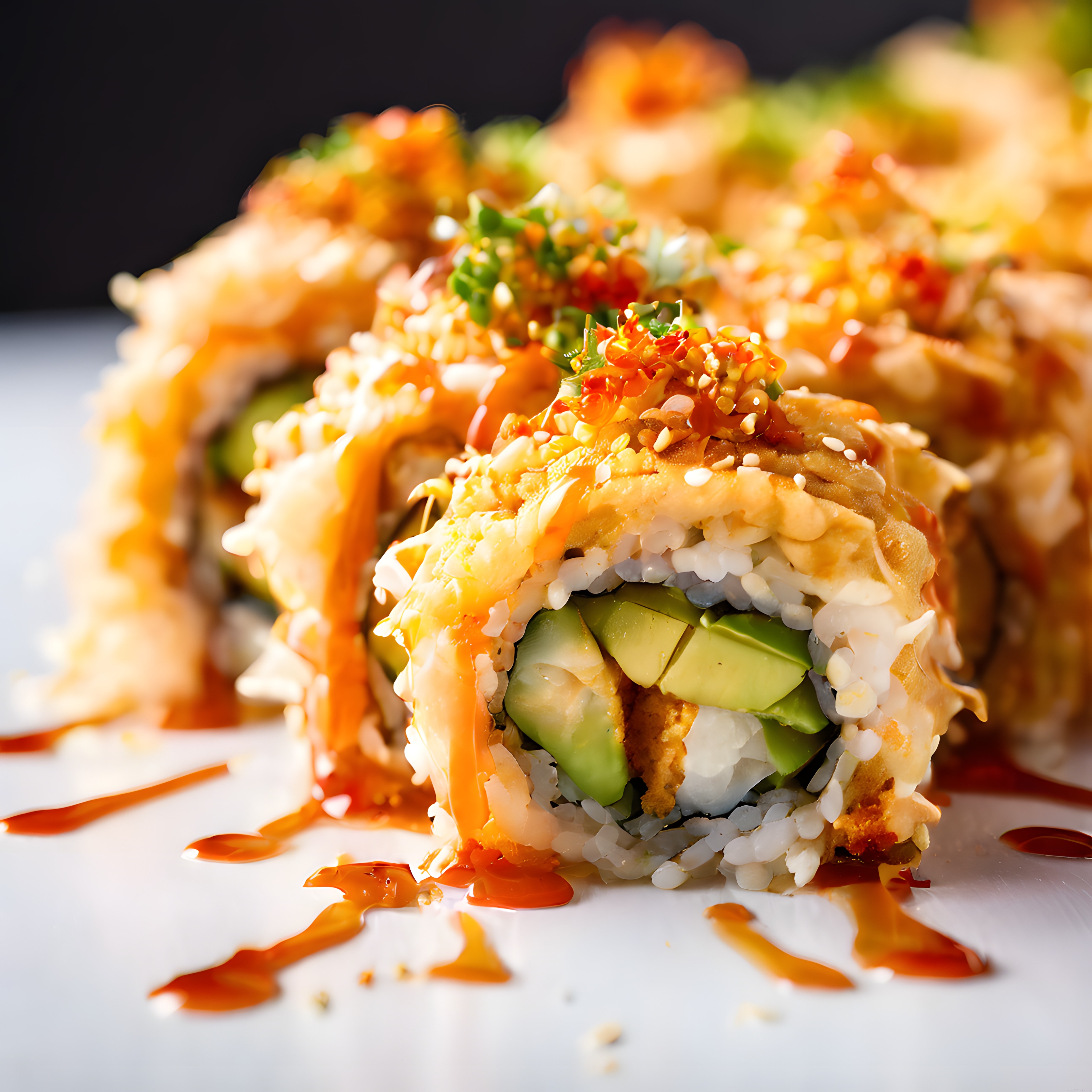 Özenle Sunulmuş Avokadolu ve Teriyaki Soslu Havyarlı Şık Sushi Rulo
