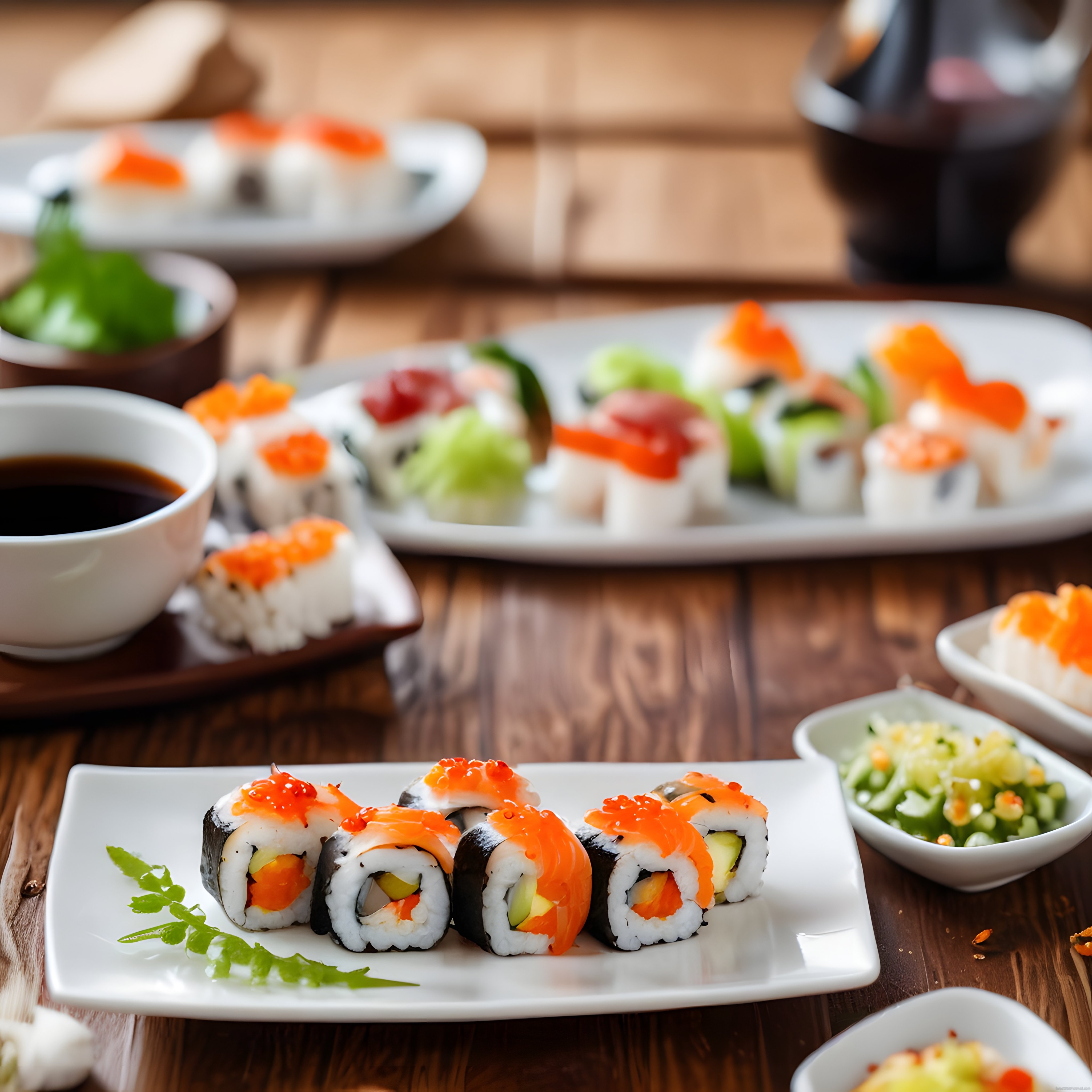 Özenle Sunulmuş Taze Sushi Çeşitleri, Soya Sosu ve Japon Çayı Eşliğinde