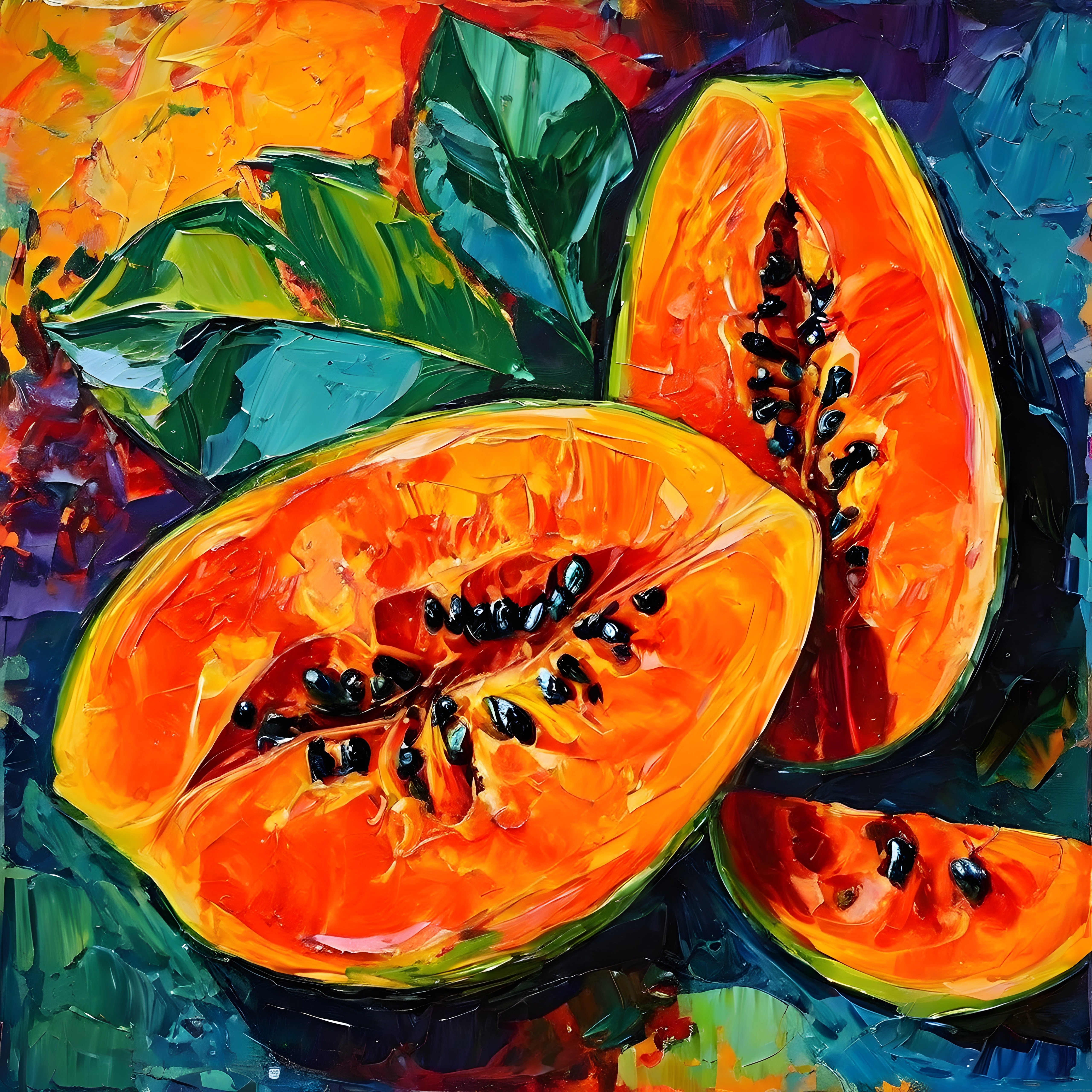 Palet Bıçağıyla Papaya Natürmortu: Parlak Tropikal Meyve ve Yağlı Boya Dokusu