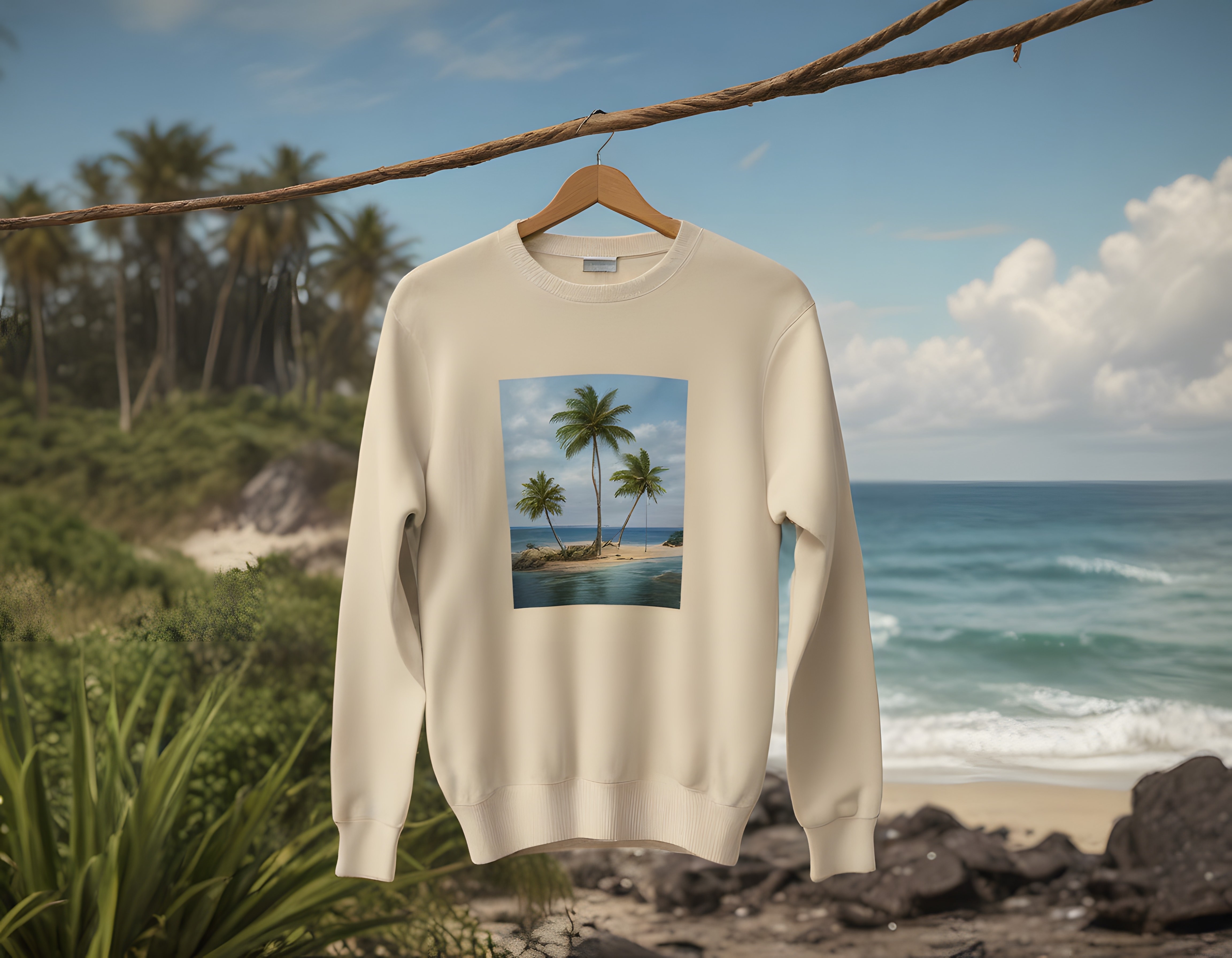 Palmiye Adası Baskılı Krem Sweatshirt ve Egzotik Sahil Manzarası
