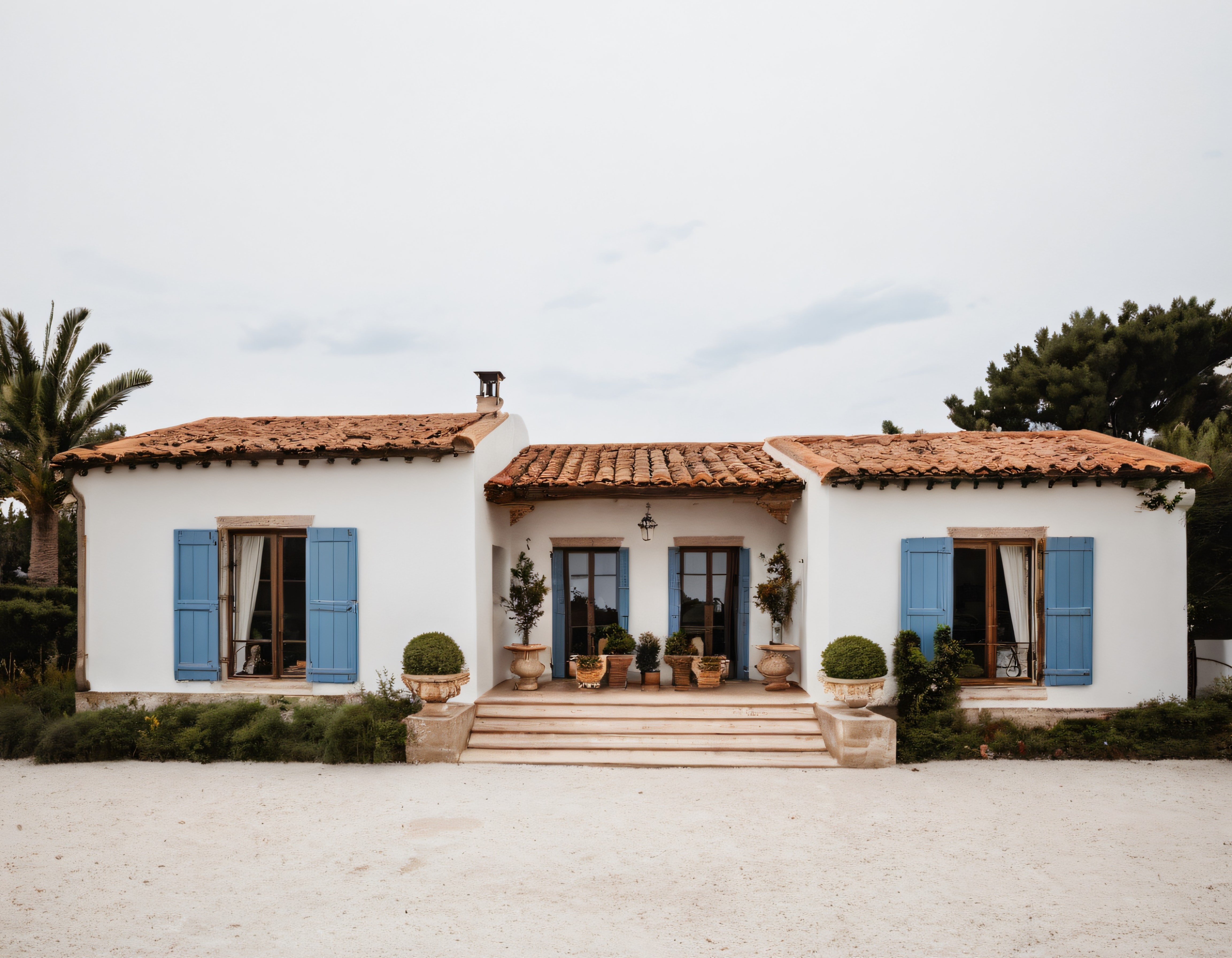 Palmiye Ağaçları Arasında Akdeniz Tarzı Beyaz Villa ve Bahçesi