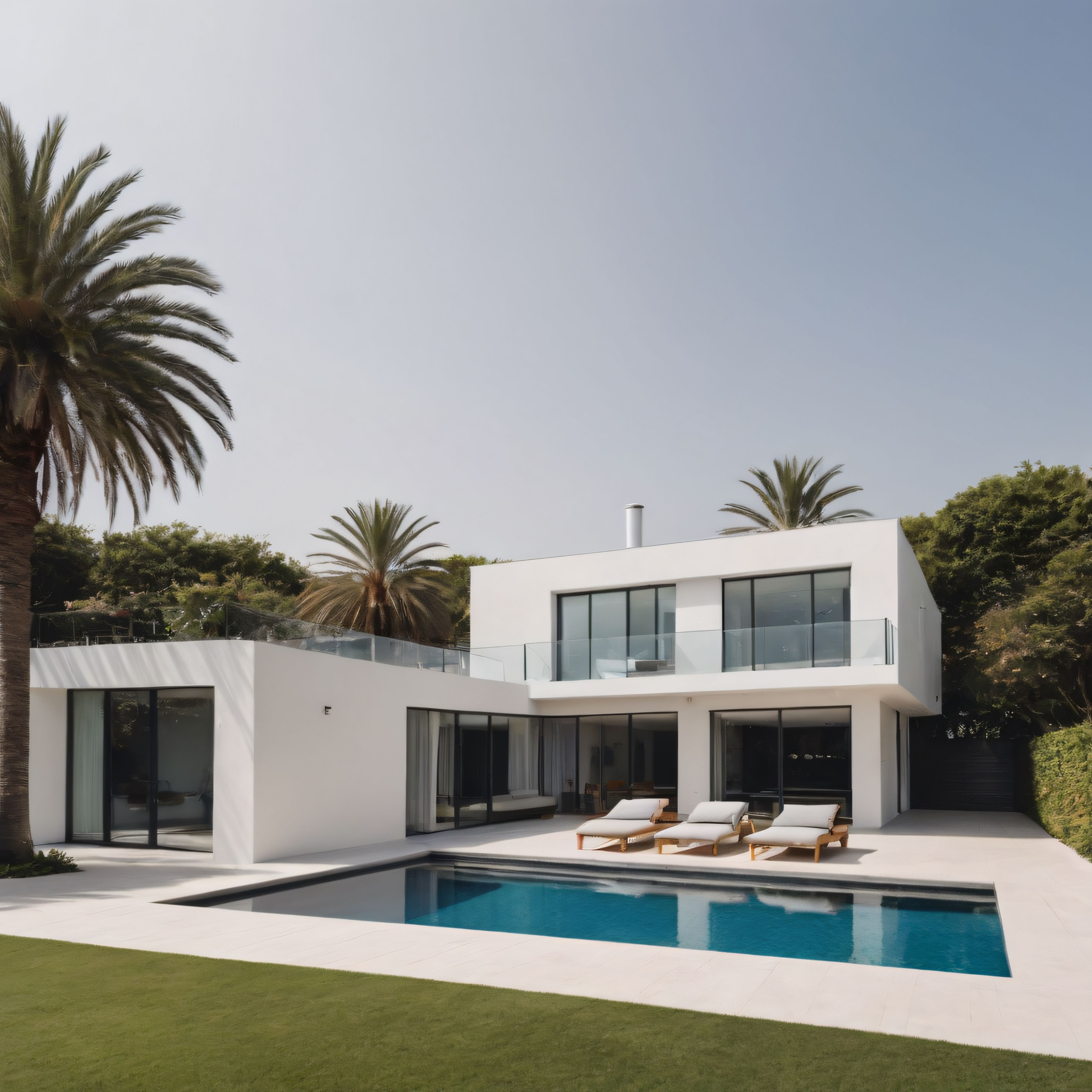 Palmiye Ağaçlarıyla Çevrili Beyaz Modern Villa ve Havuz Manzarası
