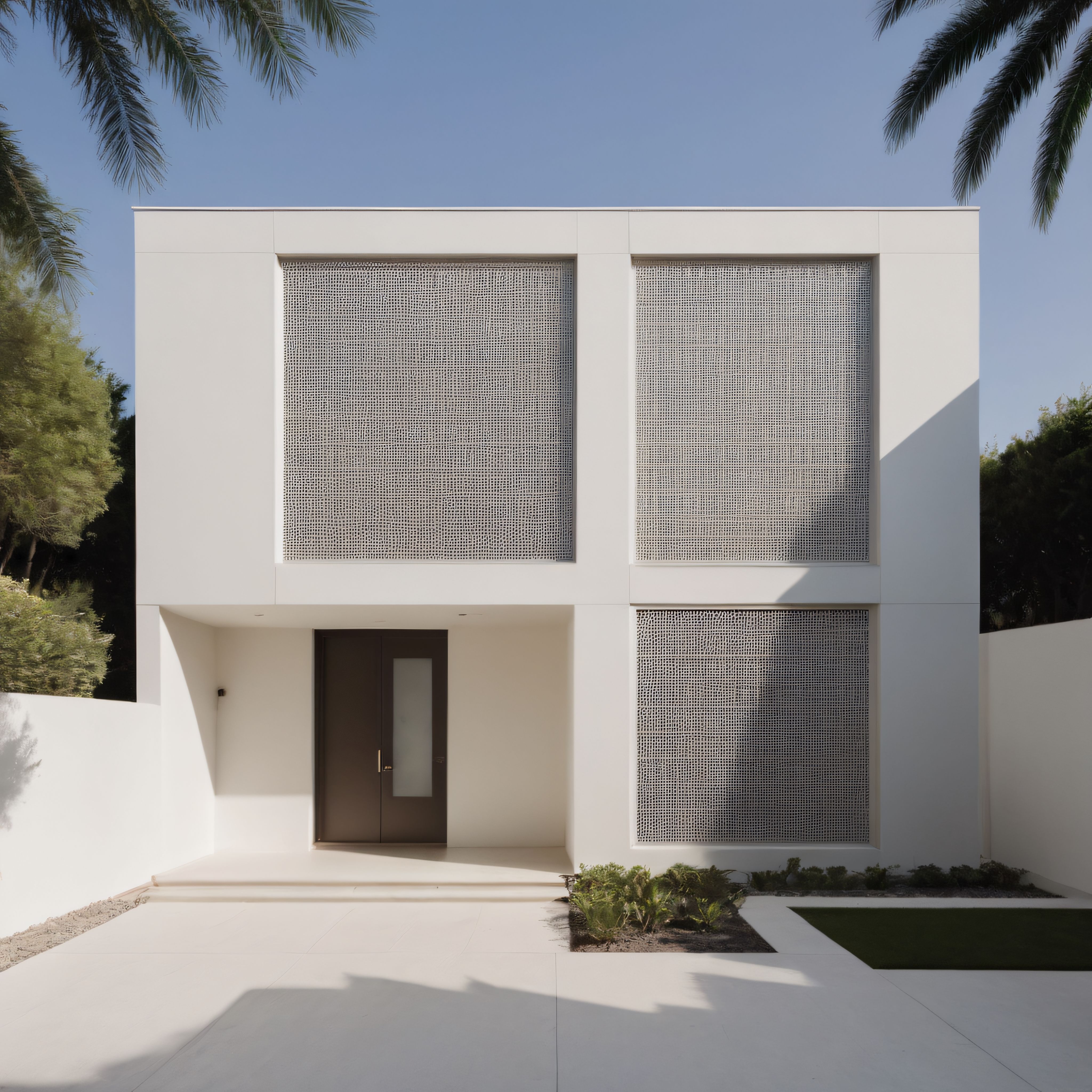 palmiye gölgelerinde beyaz beton ve mesh panelleriyle süslenmiş modern villa