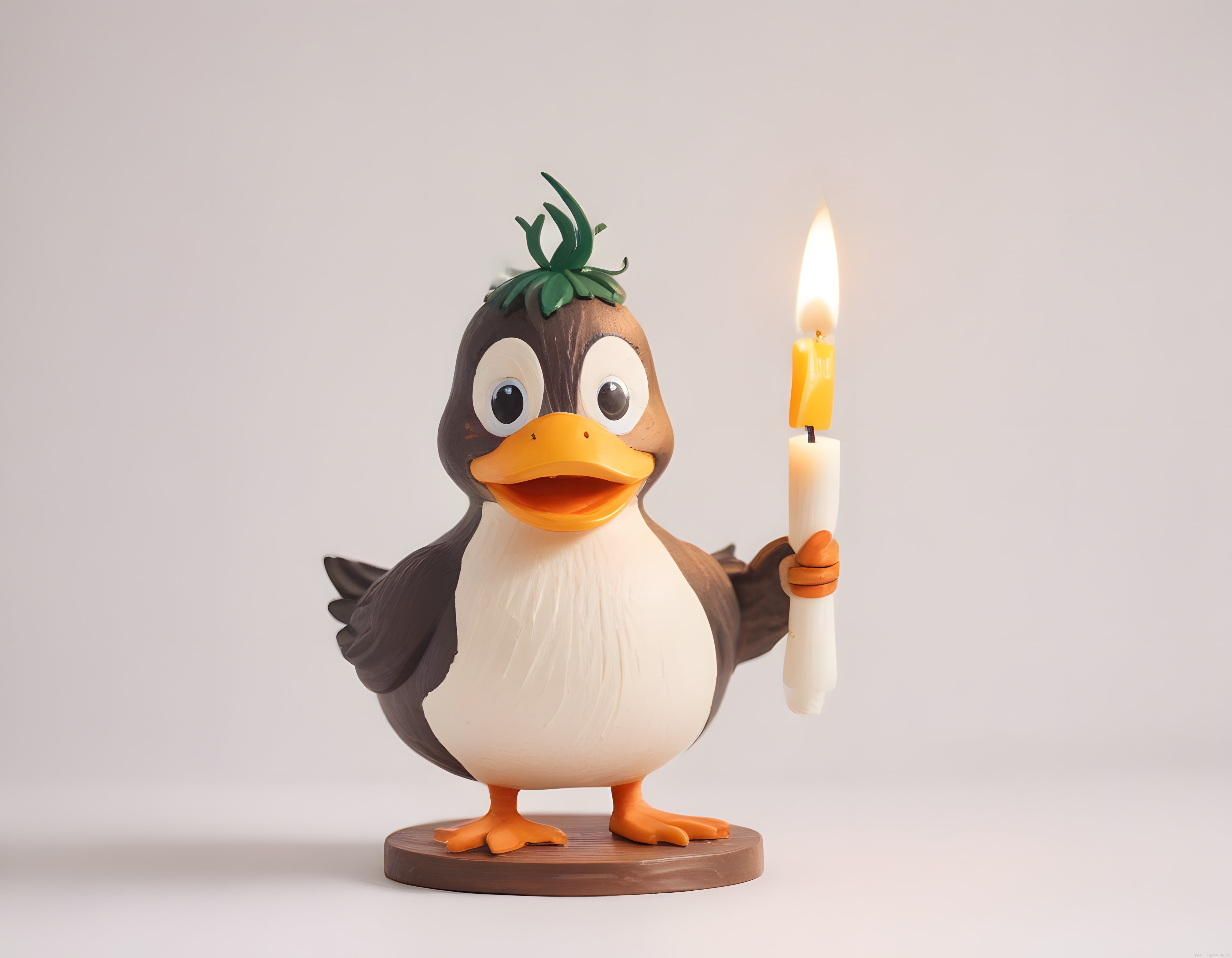 Palmiye yapraklı şapkalı penguen karakteri elinde yanan mumla şirin poz veriyor
