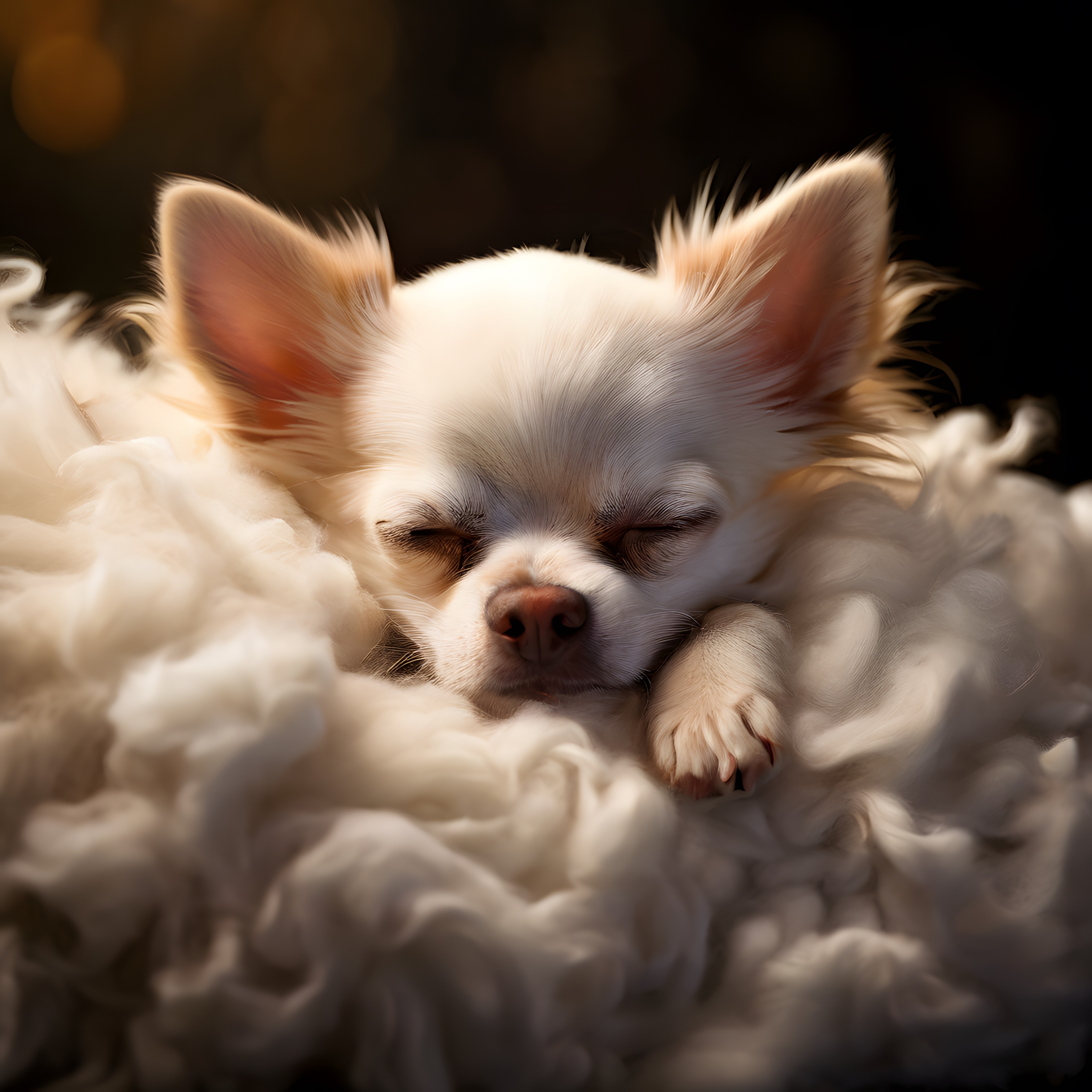 Pamuk Yatağında Uyuyan Sevimli Beyaz Chihuahua Köpek Portresi